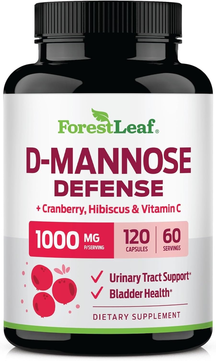 ForestLeaf D Mannose Supplements for Women & Men – D-Mannose 1000mg Capsules with Cranberry, Hibiscus & VIT C – DMannose Pills for UTI, Urinary Tract & Bladder Support – 120 Caps