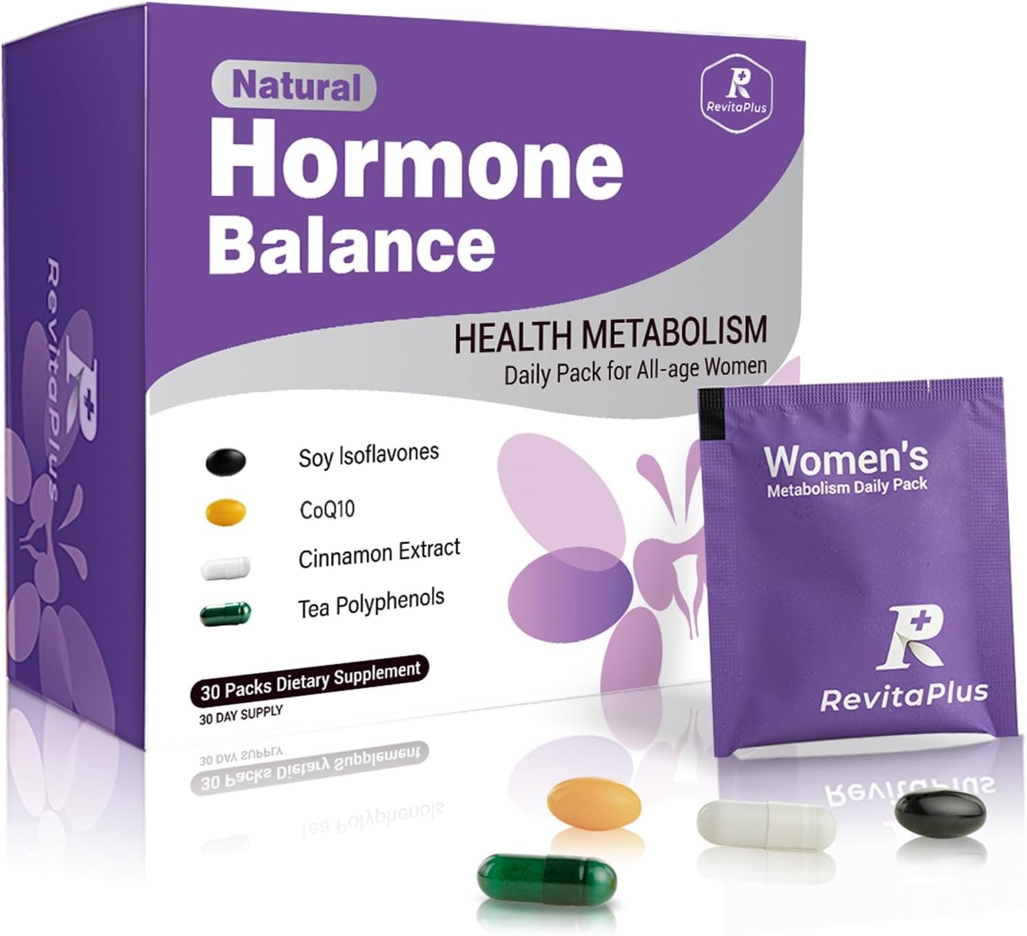 RevitaPlus Natural Hormone Balance for Women Menopause Supplement 30 Packs | Menopause Supplement with Evening Primrose Oil CoQ10 Soy Isoflavones L-Theanine Support Peri+Menopause+Post PMS Metabolism