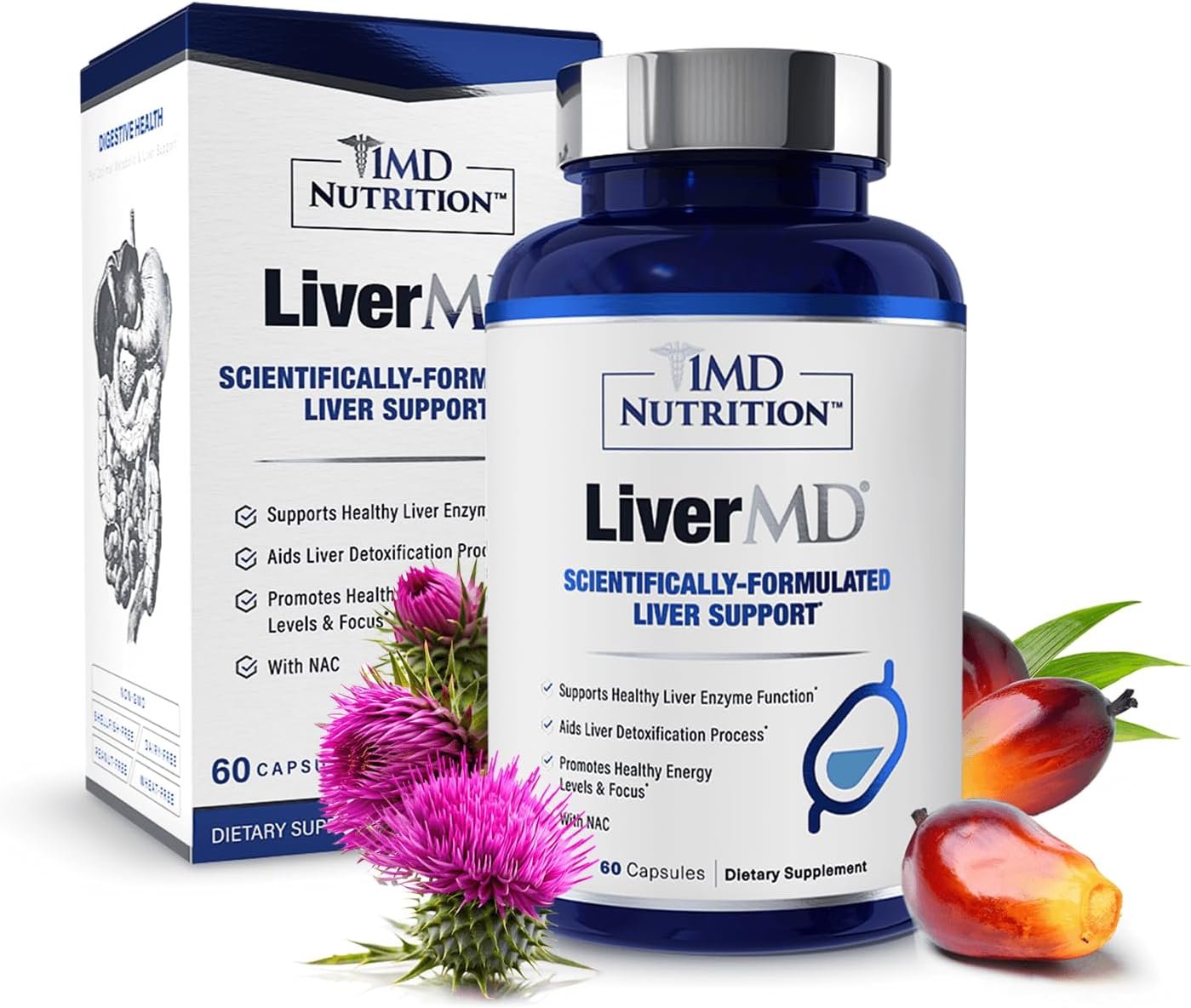 1MD Nutrition LiverMD – Liver Support Supplement | Siliphos Milk Thistle Extract & NAC – Supports Healthy Energy, Immunity & Overall Health – Liver Cleanse & Support | 60 Capsules
