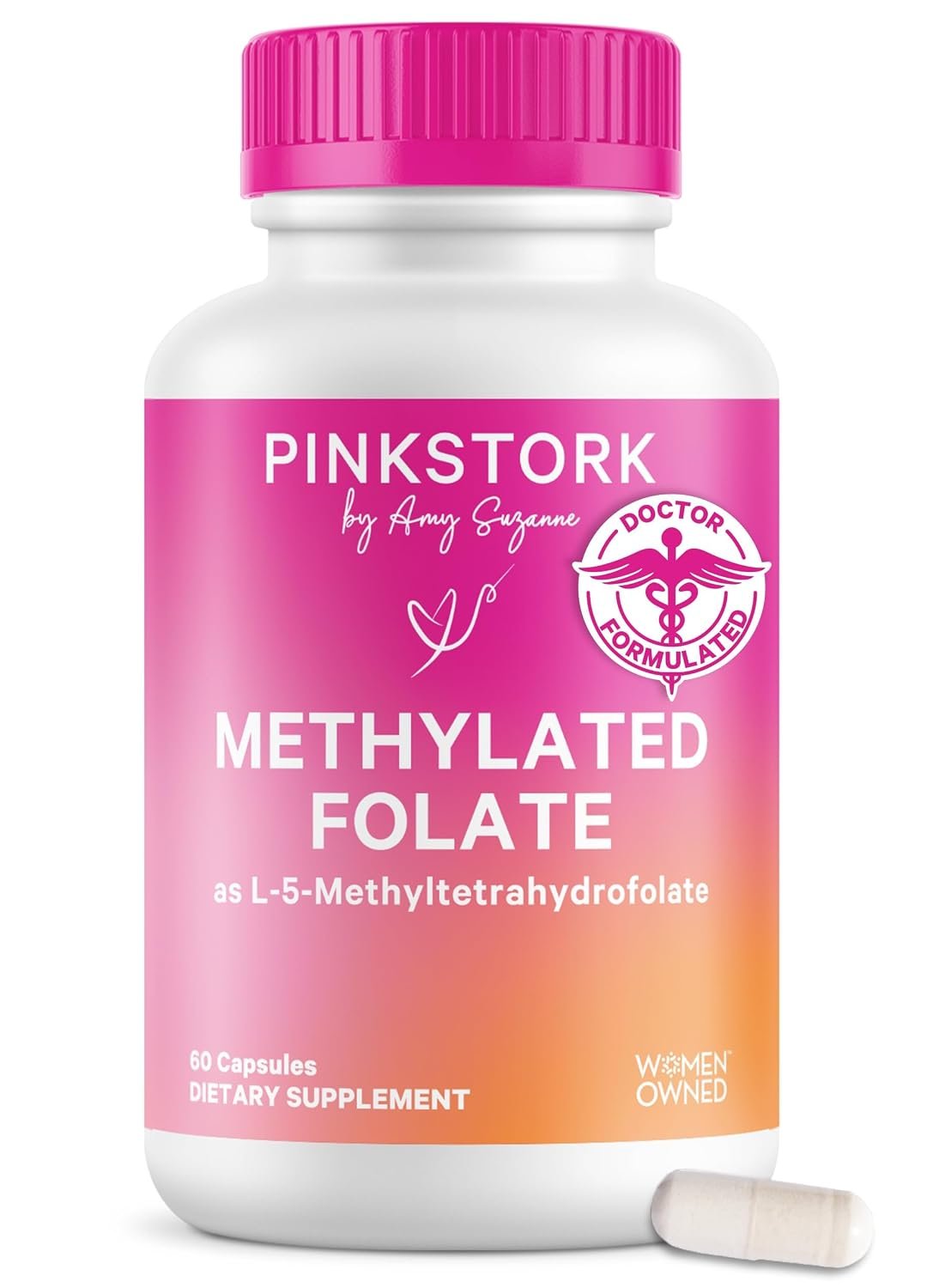 Pink Stork Folate: Methyl Folate – MTHFR Acid, Natural Form of Folic Acid for Pregnancy, Formulated for Mom + Baby, Women-Owned, 60 Capsules (Packaging May Vary) | Natural Form of Folic Acid for Pregnancy, Prenatal Vitamins for Mom + Baby, Supports Neural Tube + Fetal Development