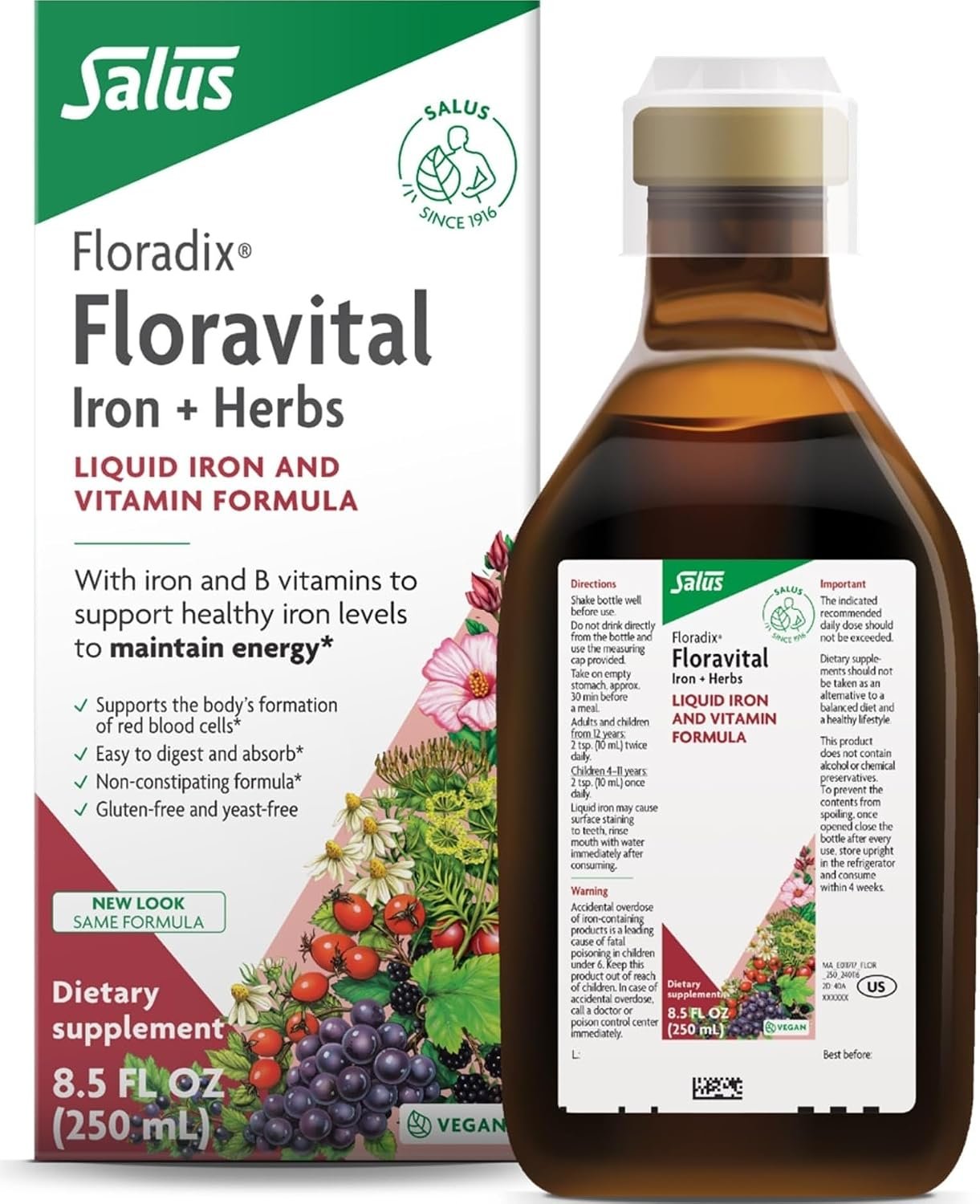 Floradix Floravital Liquid Iron Supplement, Vegan, Gluten-Free, 8.5 Fl Oz | Liquid Iron & Vitamin Formula with Ferrous Gluconate, Vitamin C, B Vitamins & Herbs for Energy Support*, Yeast-Free & Non-GMO