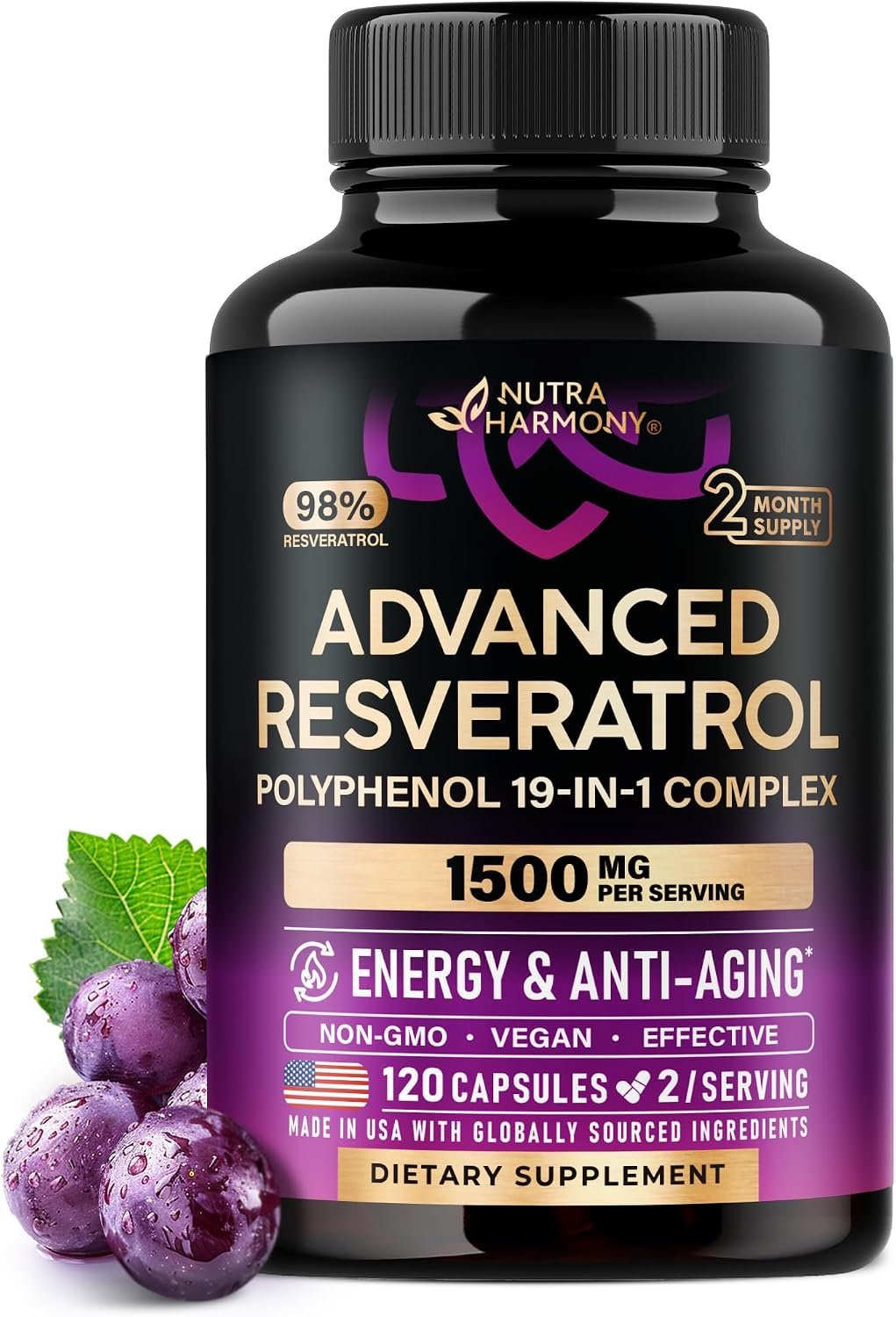 Resveratrol + Berberine, Quercetin, ACV, Acai & Noni Supplement – 120 Caps | 19in1 Organic Polyphenol Resveratrol Supplement – Antioxidant & Heart Health Support – Energy & Anti-Aging – Vegan, NON-GMO