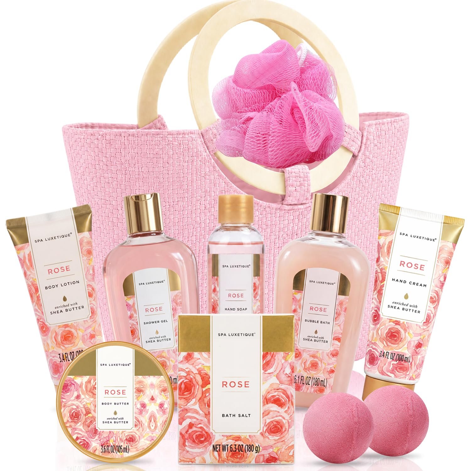 Spa Luxetique Rose 10pc Gift Baskets for Women Spa Gift Set | Gift for Women, Bath Sets, Spa Gift Basket for Women, Gifts for Her, Self Care Gift, Bridal Shower Gifts, Tote Bag