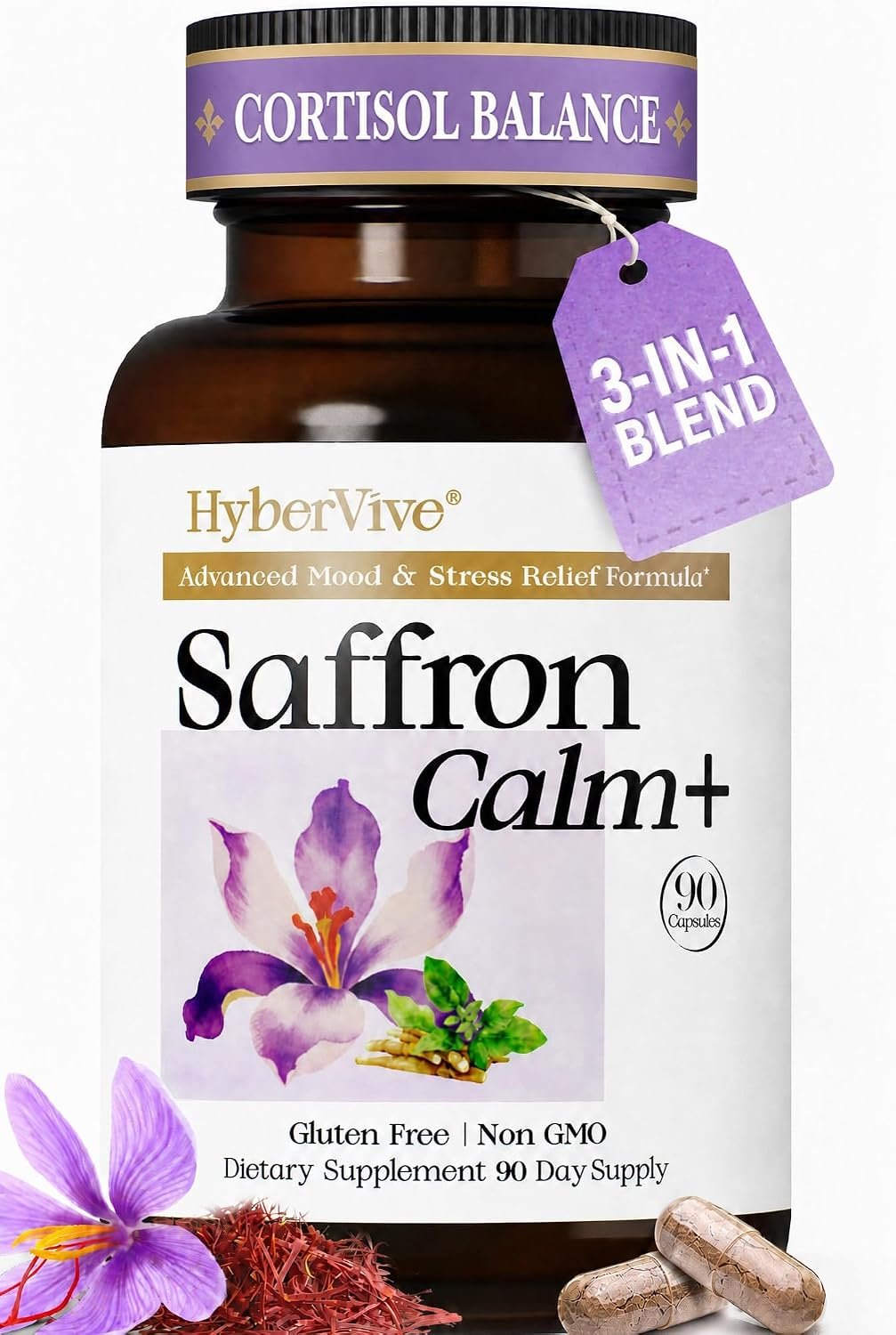 Saffron Supplements with Ashwagandha & L-Theanine, 368.5mg, 90 Vegan Caps | Mood Balance, Stress Relief & Mental Clarity – Cortisol Support for Women & Men, Made in USA