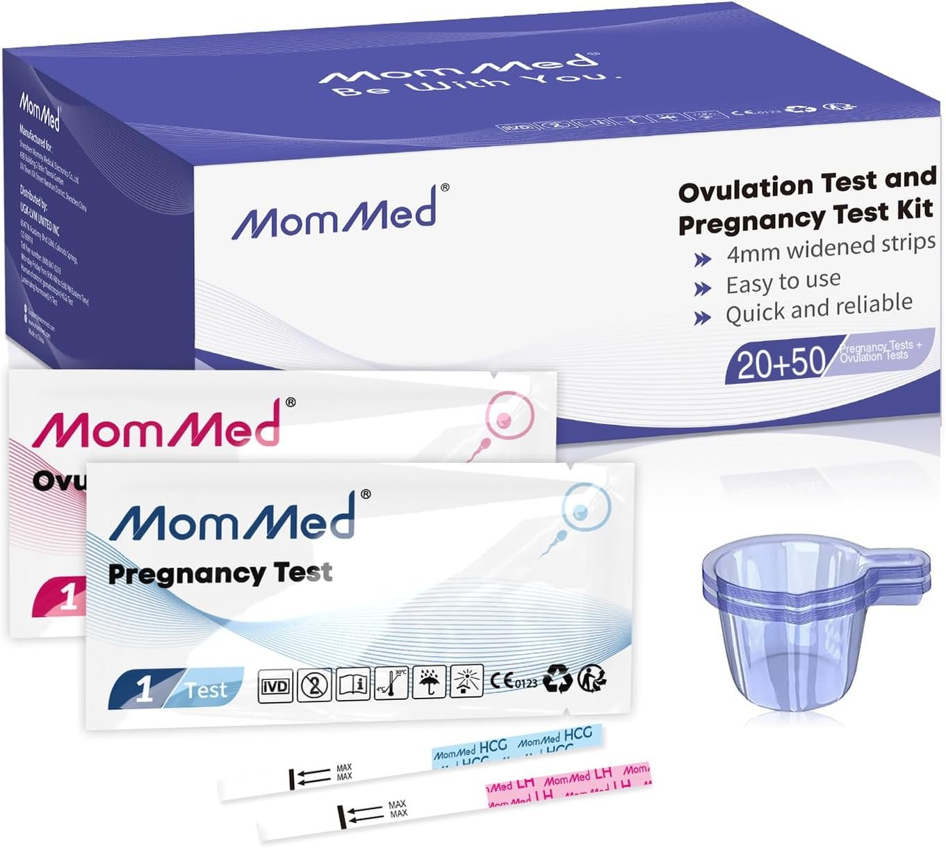 MomMed Ovulation Test Strips, Ovulation and Pregnancy Tests (LH50-HCG20), Includes 50 Ovulation Tests and 20 Pregnancy Tests with 70 Urine Cups, Accurately Track Ovulation and Detect Early Pregnancy