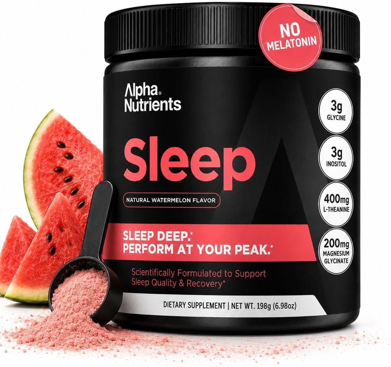 Sleep Powder, Magnesium Glycinate, Glycine Powder for Sleep, L-Theanine and Inositol, Melatonin-Free Supplement for Adults, Natural Watermelon, 30 Servings