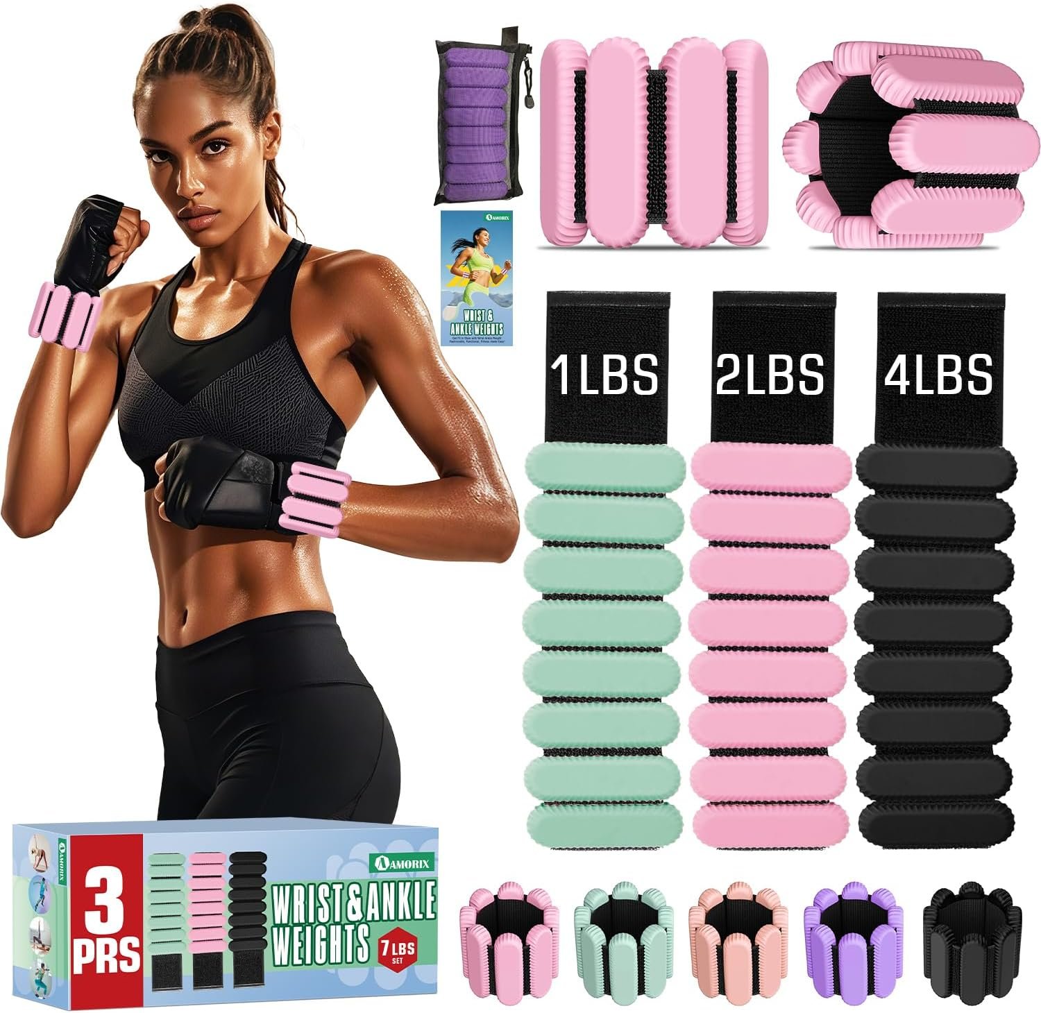 AMORIX Ankle Weights for Women Men 3 Pairs (Total 7lbs) Wrist Weights | Wearable Wrist Weights, 0.5LB/1LB/2LB Arm Leg Weighted Bracelet, Walking Running,Yoga,Strength Training,Physical Therapy