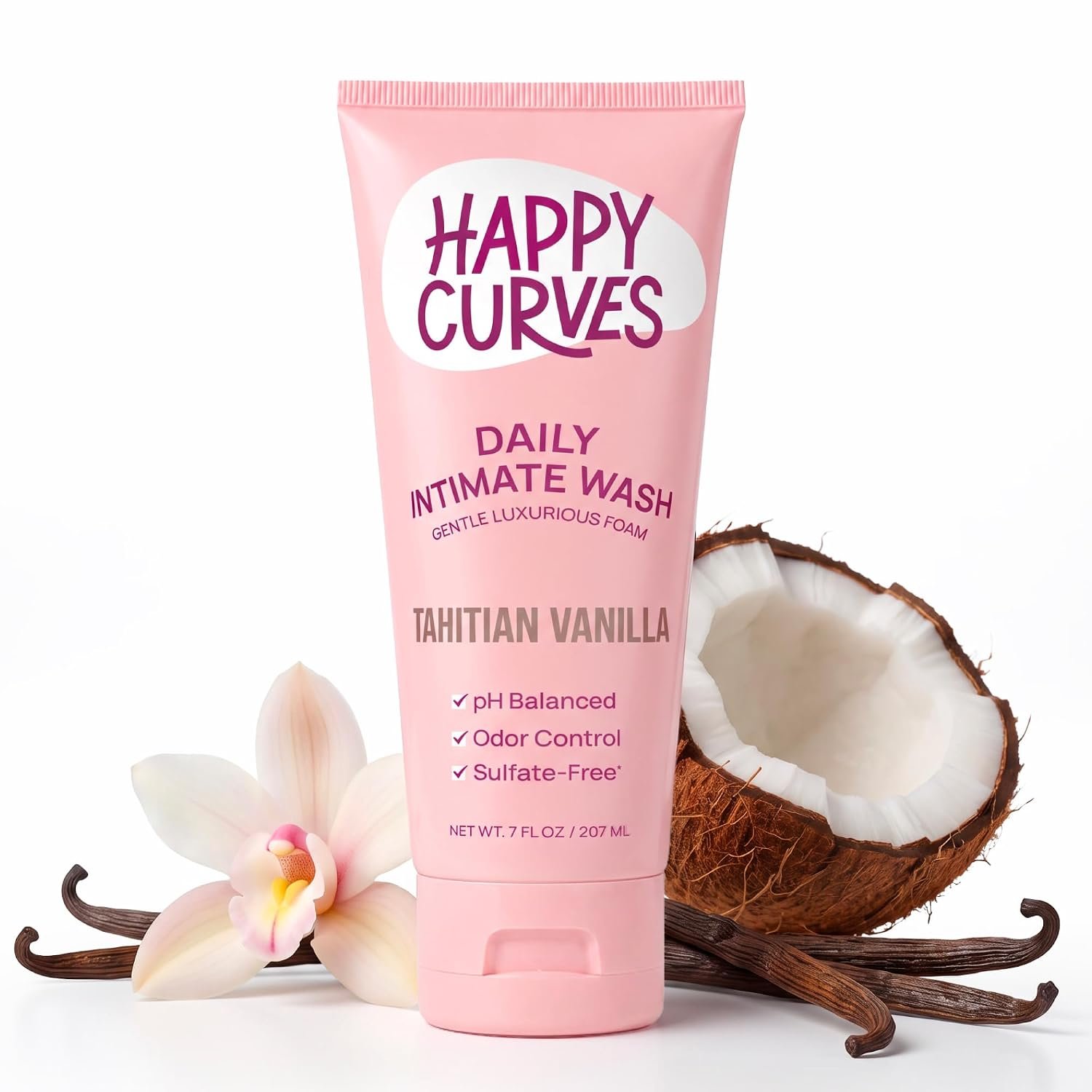 HAPPY CURVES Feminine Wash – pH Balanced Cleanser with Aloe & Vitamin E – Sulfate-Free, Paraben-Free Intimate Care for Women – Odor Control, Gentle Daily Vaginal & Sensitive Skin (Tahitian Vanilla)