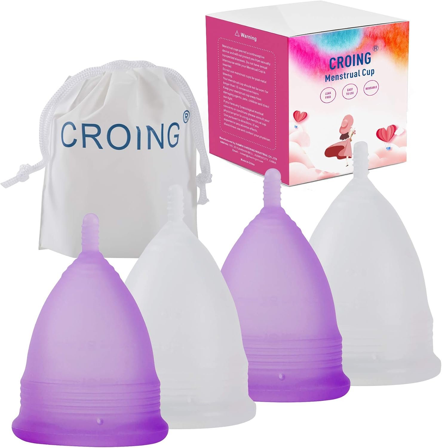 Croing Reusable Menstrual Cup Set of 4, Period Cup, 2 pcs Small and 2 pcs Large (Purple and White)