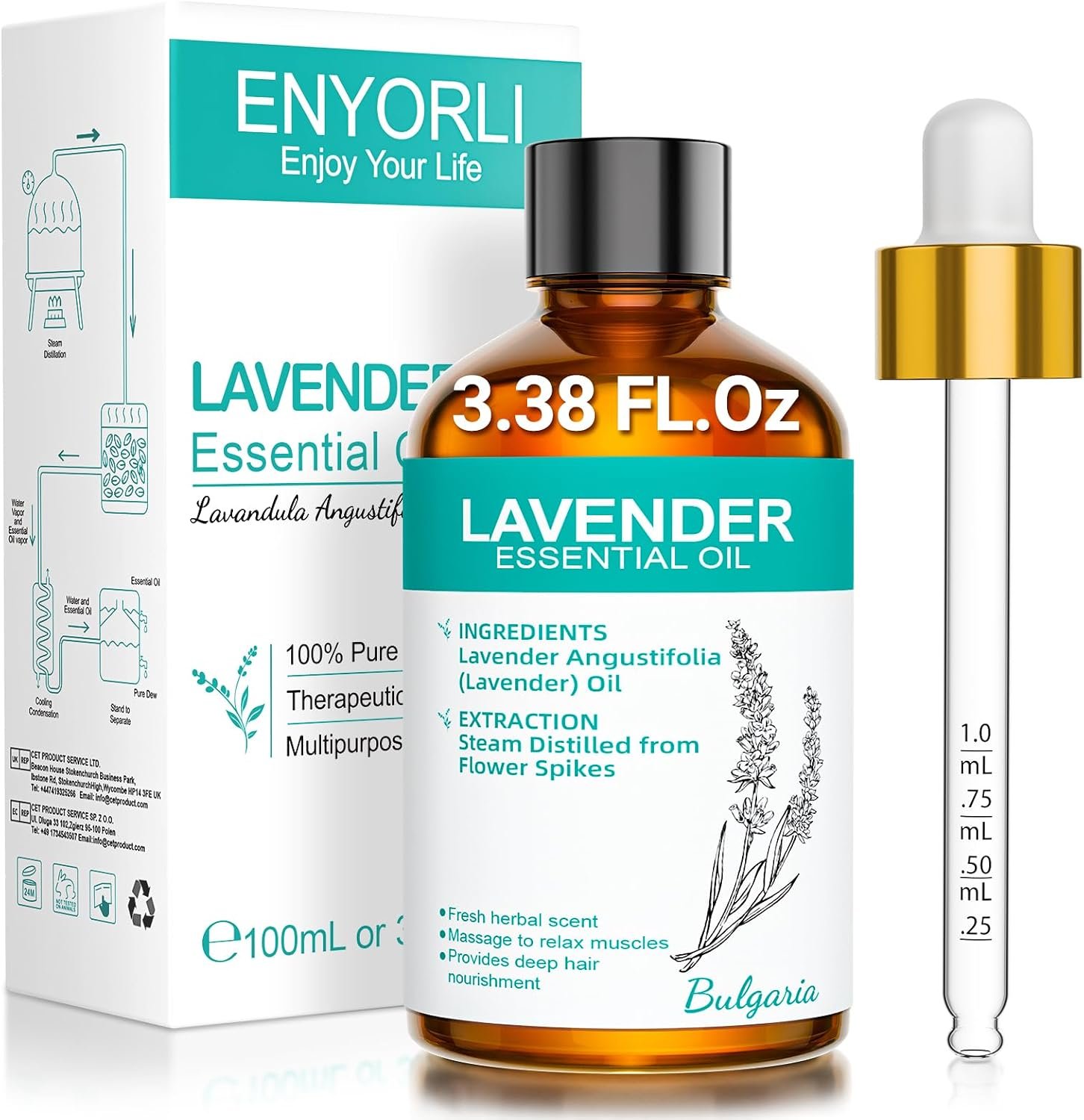 Lavender Essential Oil, 3.38 fl oz, Diffuser & Candle DIY | Floral herbal aroma, 3.38 fl oz glass dropper bottle for diffusers, candle making, soap making, room sprays, DIY