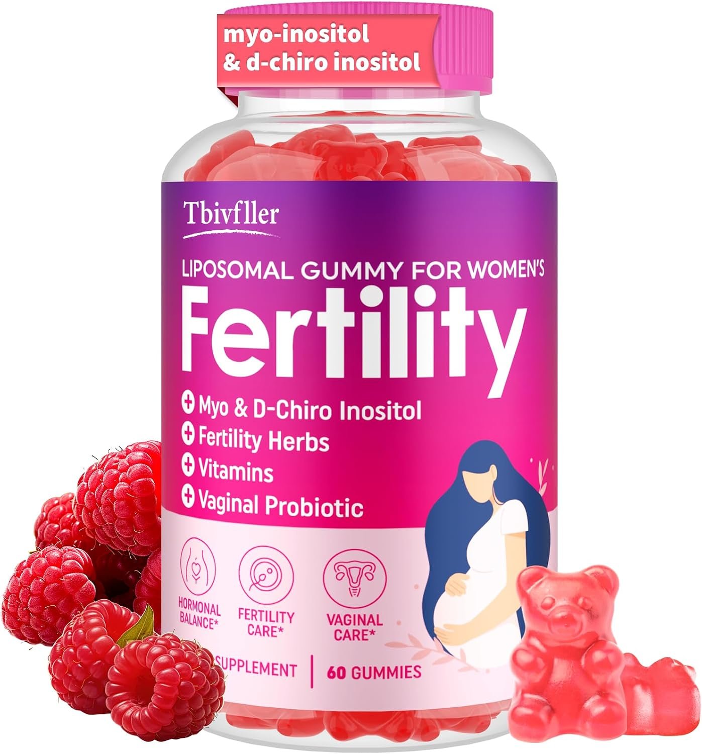 Fertility Supplements for Women, Prenatal Vitamins – 60 Prenatal Gummies | with Myo-Inositol & D-Chiro Inositol, Folate, Herbs, for Hormonal Balance, Fertility & Vaginal Care – Sugar Free & Raspberry