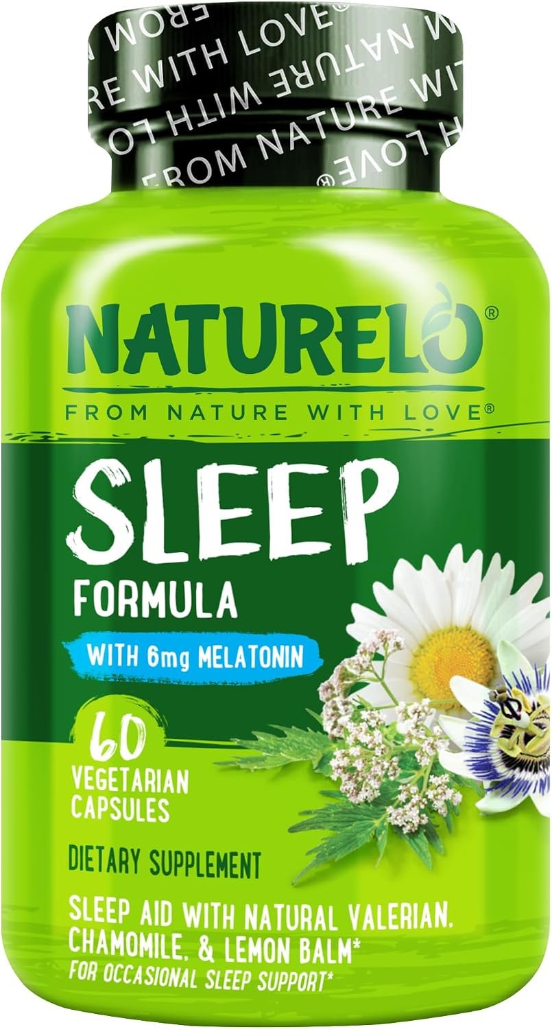 NATURELO Sleep Aid – with Melatonin, Magnesium, GABA, Valerian Root, Lemon Balm, Chamomile Herbal Extracts – Plant-Based Sleeping Aid – 60 Vegan Capsules