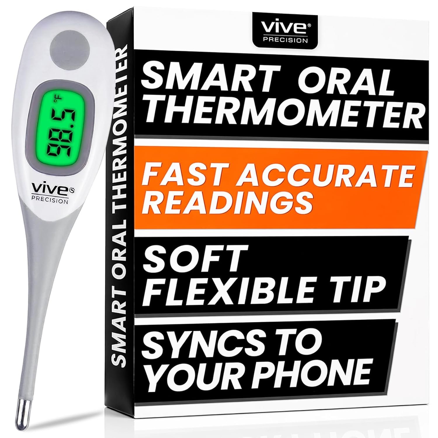 Vive Precision Smart Oral Thermometer – Approved Medical Grade Body | Temperature Reader for Adults, Babies – Digital Fever Monitor with App for Home Use, Under the Tongue, Armpit & Rectal
