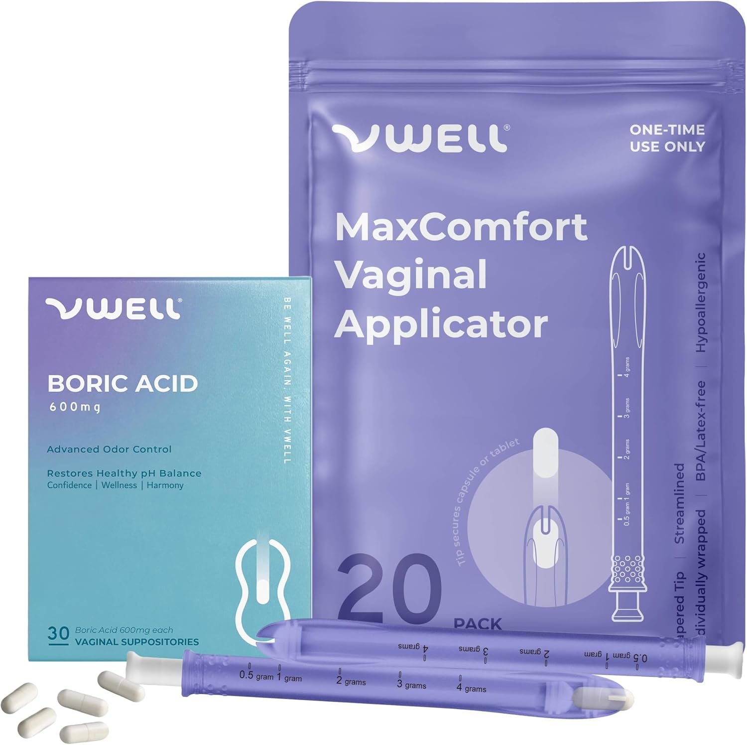 VWELL Boric Acid Suppository + MaxComfort Applicator Kit Vaginal Odor Care | Bundle of 30 boric acid vaginal suppositories 600mg plus 20 MaxComfort applicators. Comprehensive vaginal maintenance care.