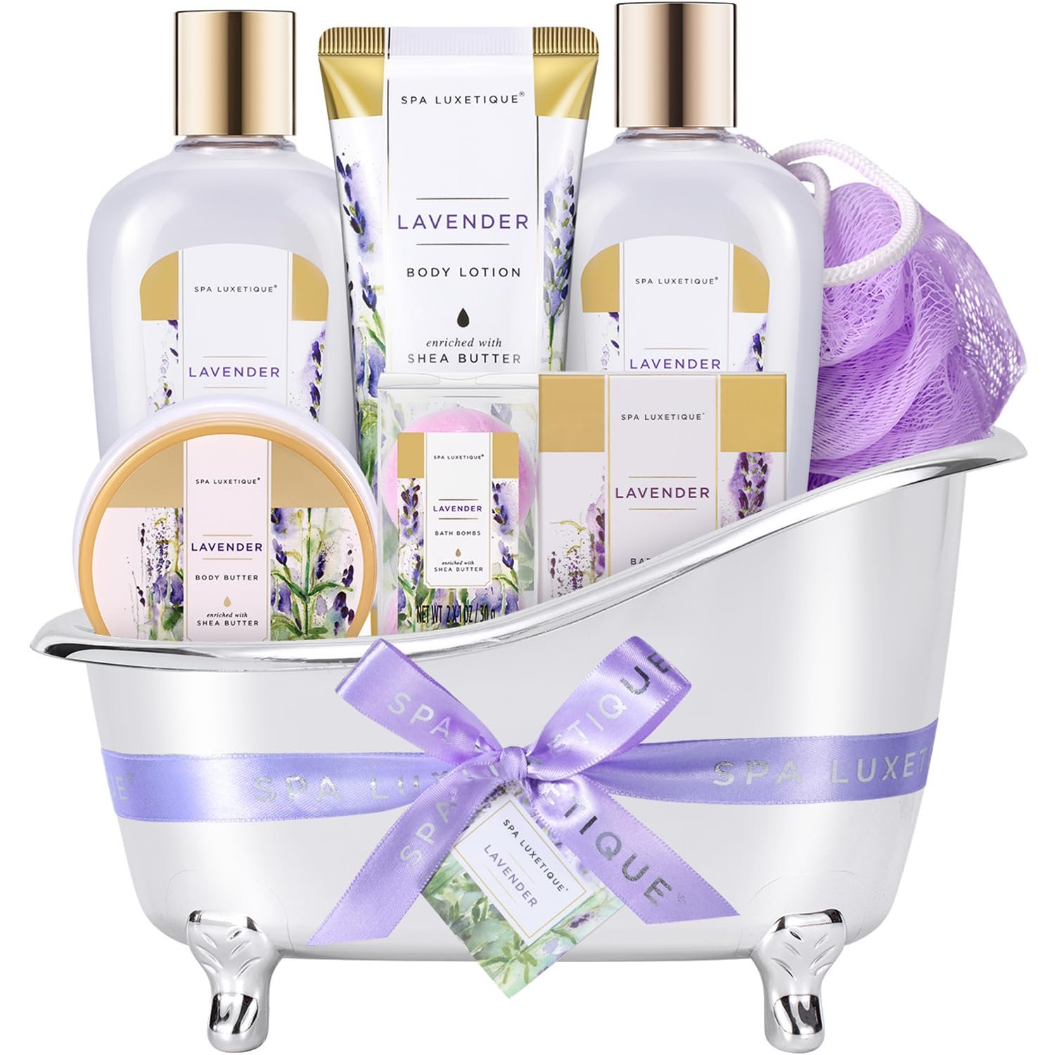 spa luxetique Spa Gift Baskets for Women, 8 Pcs Lavender Lotion Set with Bubble Bath, Shower Gel, Birthday Anniversary Self Care Kit for Her, Christmas Gifts for Mom