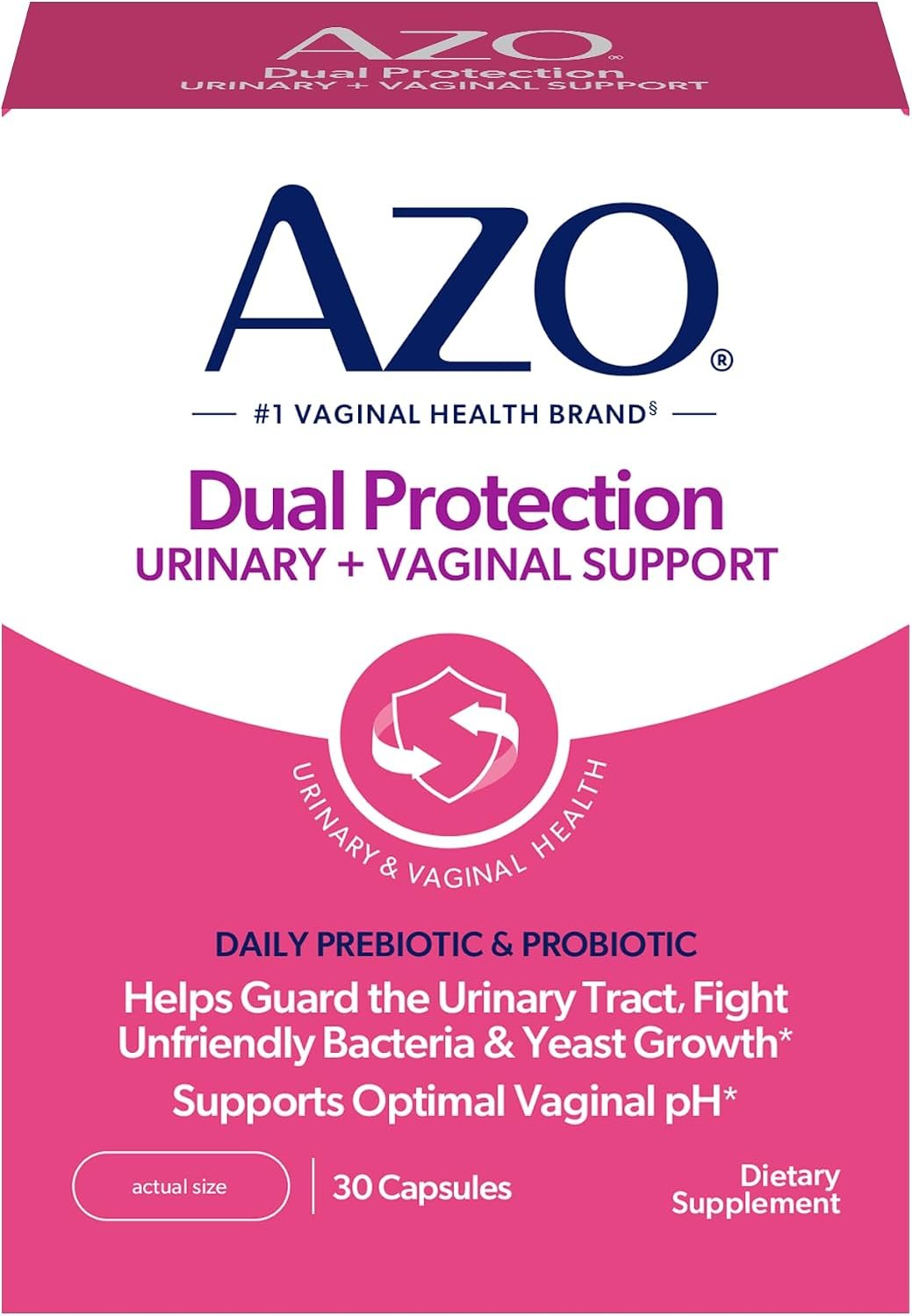 AZO Dual Protection Urinary + Vaginal, Women Probiotics & Prebiotics, 30 Ct | Made For Urinary Tract Health, Fights Unfriendly Bacteria & Yeast Growth, Supports Vaginal pH Balance & Odor