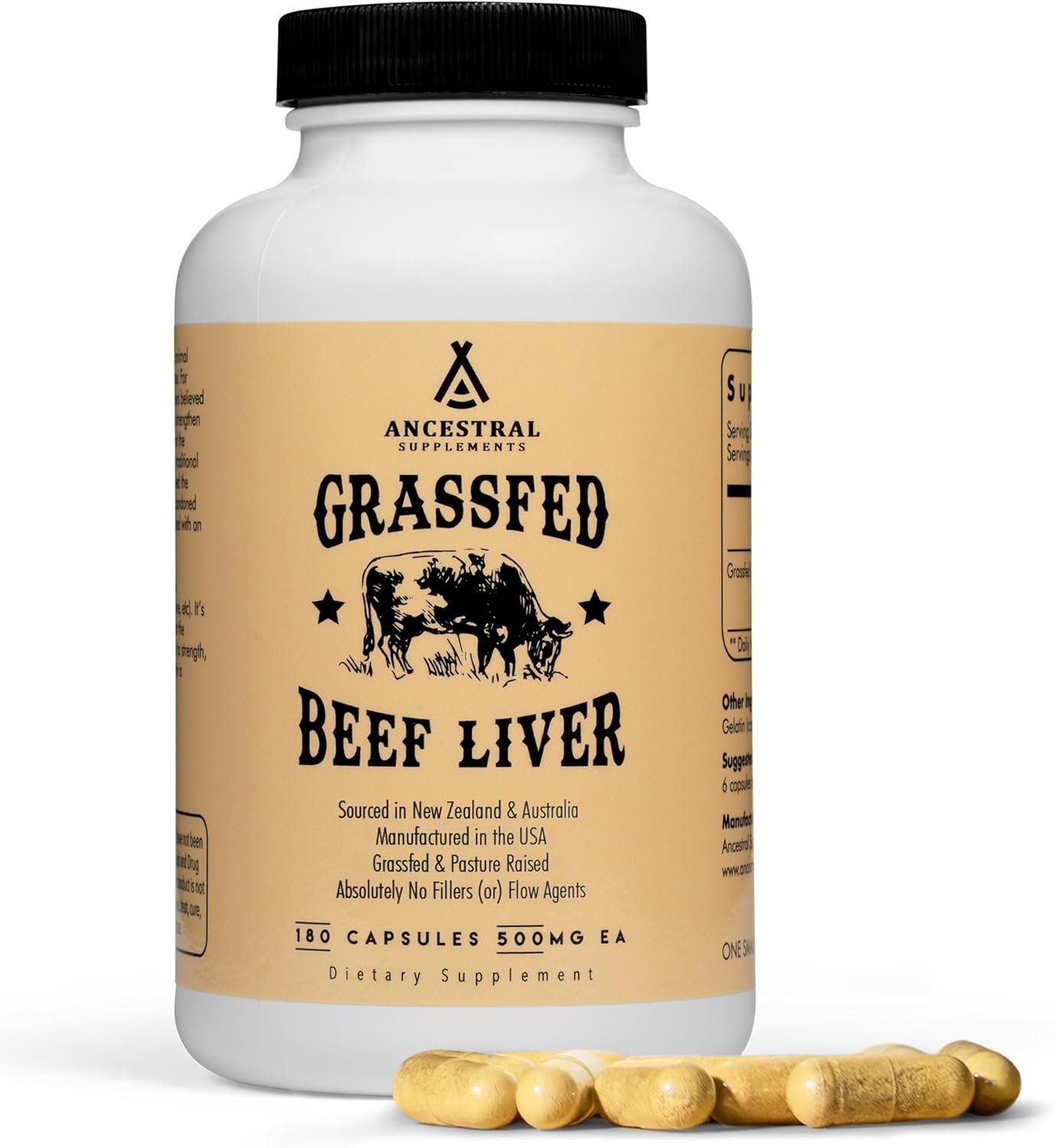 Ancestral Supplements Beef Liver Support Capsules, Iron & Energy, 180 Ct | Freeze-dried, Non-GMO Liver Rich in Heme Iron, Vitamin A & B12; Grass-fed, Desiccated, Vital Liver Support, Natural Liver