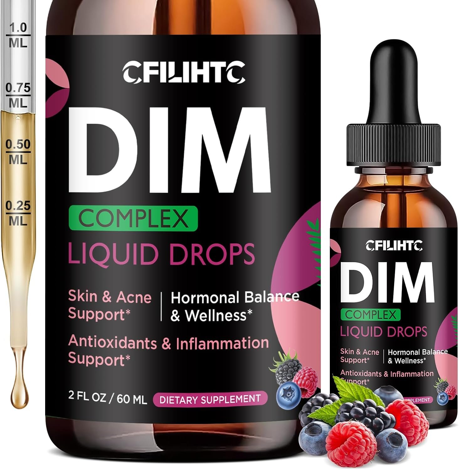 DIM Liquid Drops Supplement Women – Hormone Harmony for Women & Acne Supplements with Multivitamins, Inositol, Sulforaphane – Hormone Balance, Clear Skin & Mood Support, Mixed Berry Flavor 2 Fl Oz