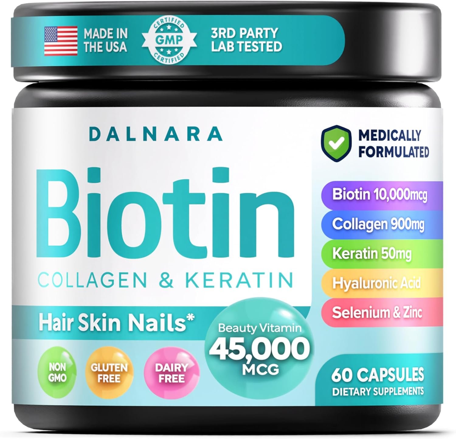 Biotin, Collagen & Keratin 60ct – Hair Skin & Nails Vitamin Women & Men | 10,000mcg Biotin Multivitamin – Hair Growth, Hair Loss & Thinning Support – Extra Strength for Stronger Nails – Women & Men