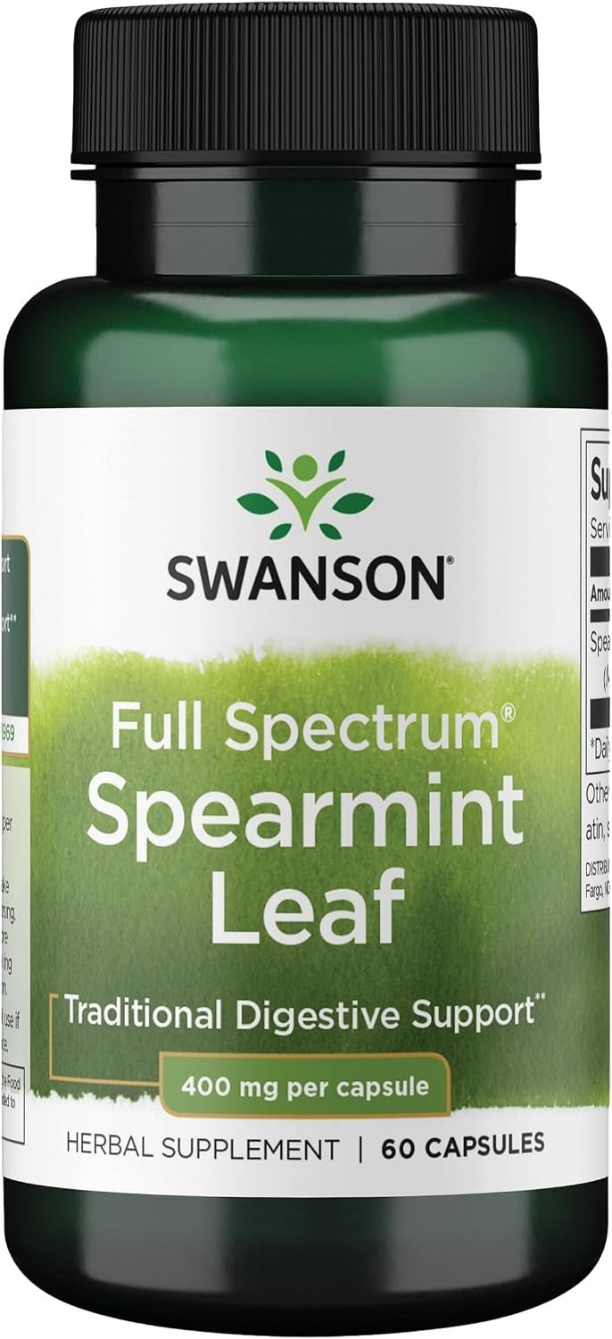 Swanson Spearmint Leaf Full Spectrum, 400 mg, 60 Capsules | For Digestive-Comfort-Seeking Adults, 400 mg Mentha Spicata, a Time-Honored Herb for Digestive Health