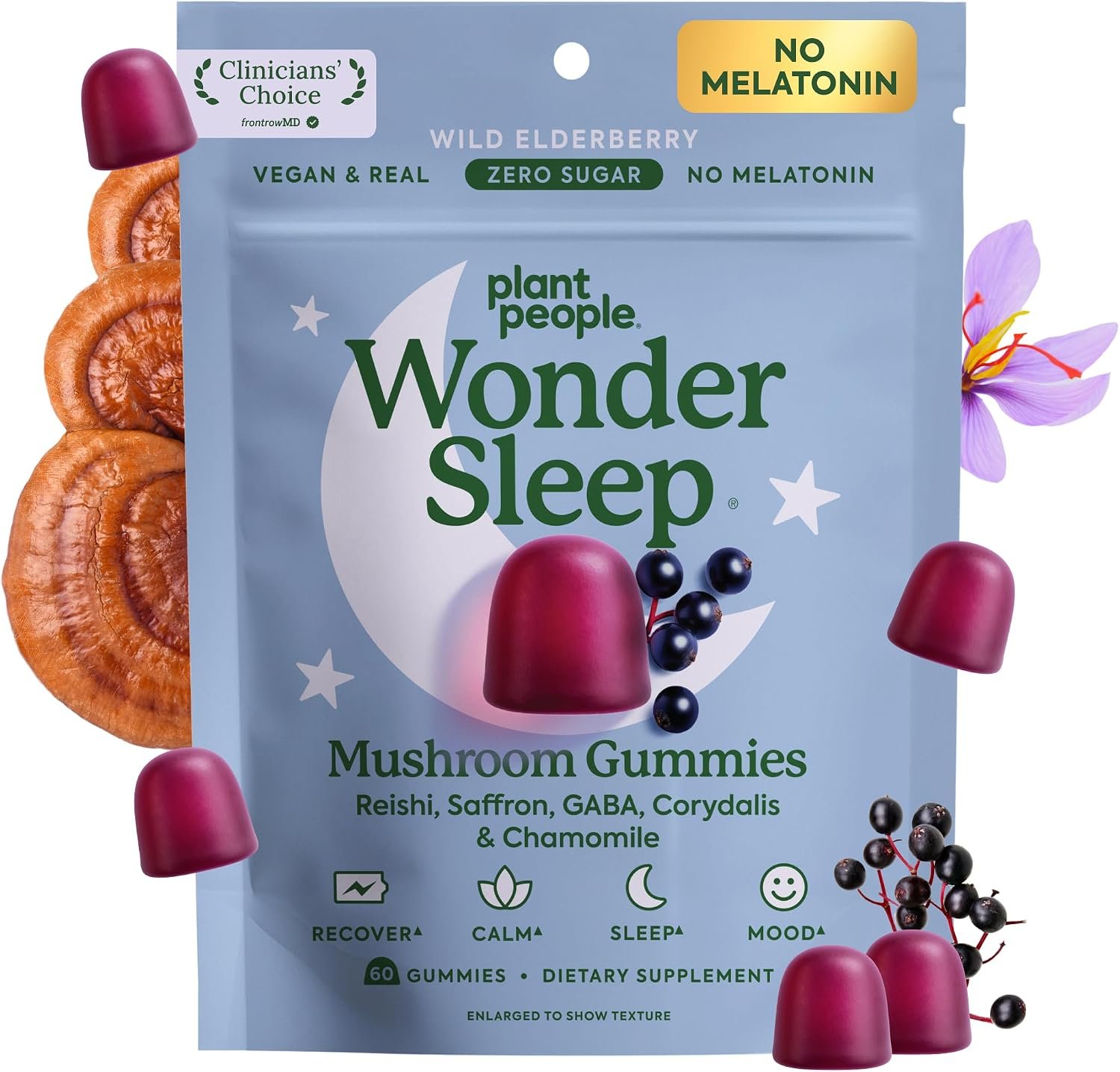 Plant People WonderSleep Mushroom Gummies Supplement for Sleep, 60ct | No Melatonin Sleep Gummies with Reishi Mushroom, Saffron & Chamomile, Wild Elderberry Flavor, Sugar-Free (60 Count)