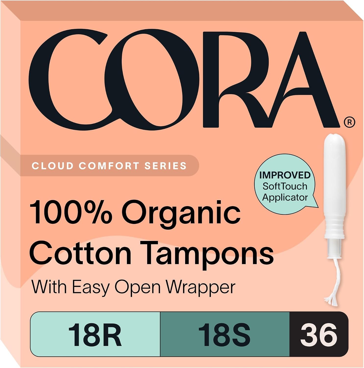 Cora Organic Cotton Tampons Multipack (18 Regular, 18 Super Tampons) | Comfortable Leak Protection, Expands to Your Shape, Made Without Chlorine, Pesticides, or Rayon, Organic Cotton Feminine Care