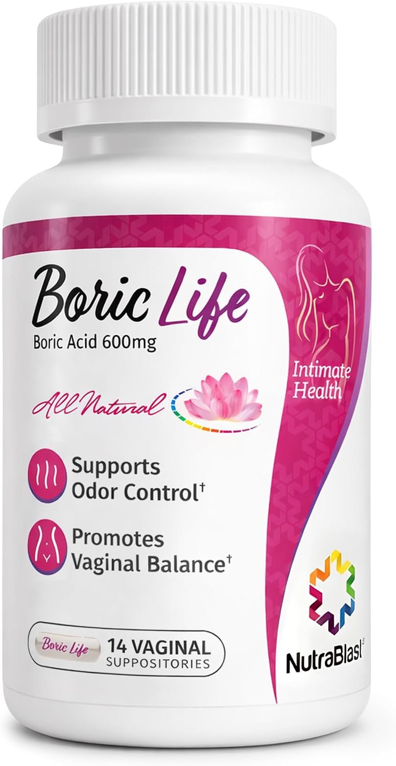NutraBlast Boric Life Boric Acid Suppositories for Women 600mg, 14 Count | Supports Odor Control, Intimate Health Support, 100% Pure, Vegetable Capsules, Made in USA