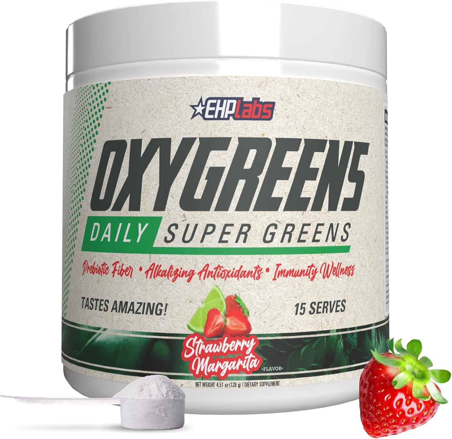 EHP Labs OxyGreens Super Greens Powder with Spirulina & Chlorella, Prebiotic Fiber, Probiotics & Digestive Enzymes – Antioxidant Green Superfood Supplement – 15 Serves (Strawb. Margarita)