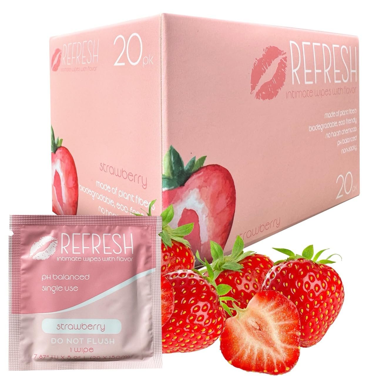 Flavored Feminine Wipes for Women, Strawberry, 20 Count | Twenty individually wrapped pH balanced intimate wipes in strawberry flavor. Compact packaging for travel, gym or purse.