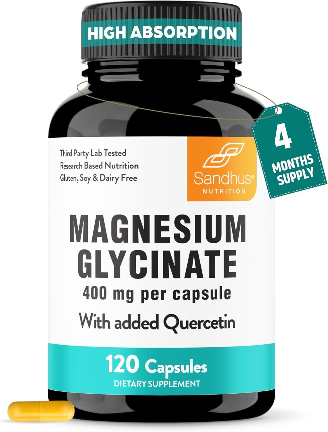 Magnesium Glycinate 400mg Capsules with Quercetin for Men & Women 120 Count | Pure Chelated Magnesium For Good Sleep, Relaxation | High Absorption, USA Made NSF GMP Certified 3rd Party Tested | Sandhu’s