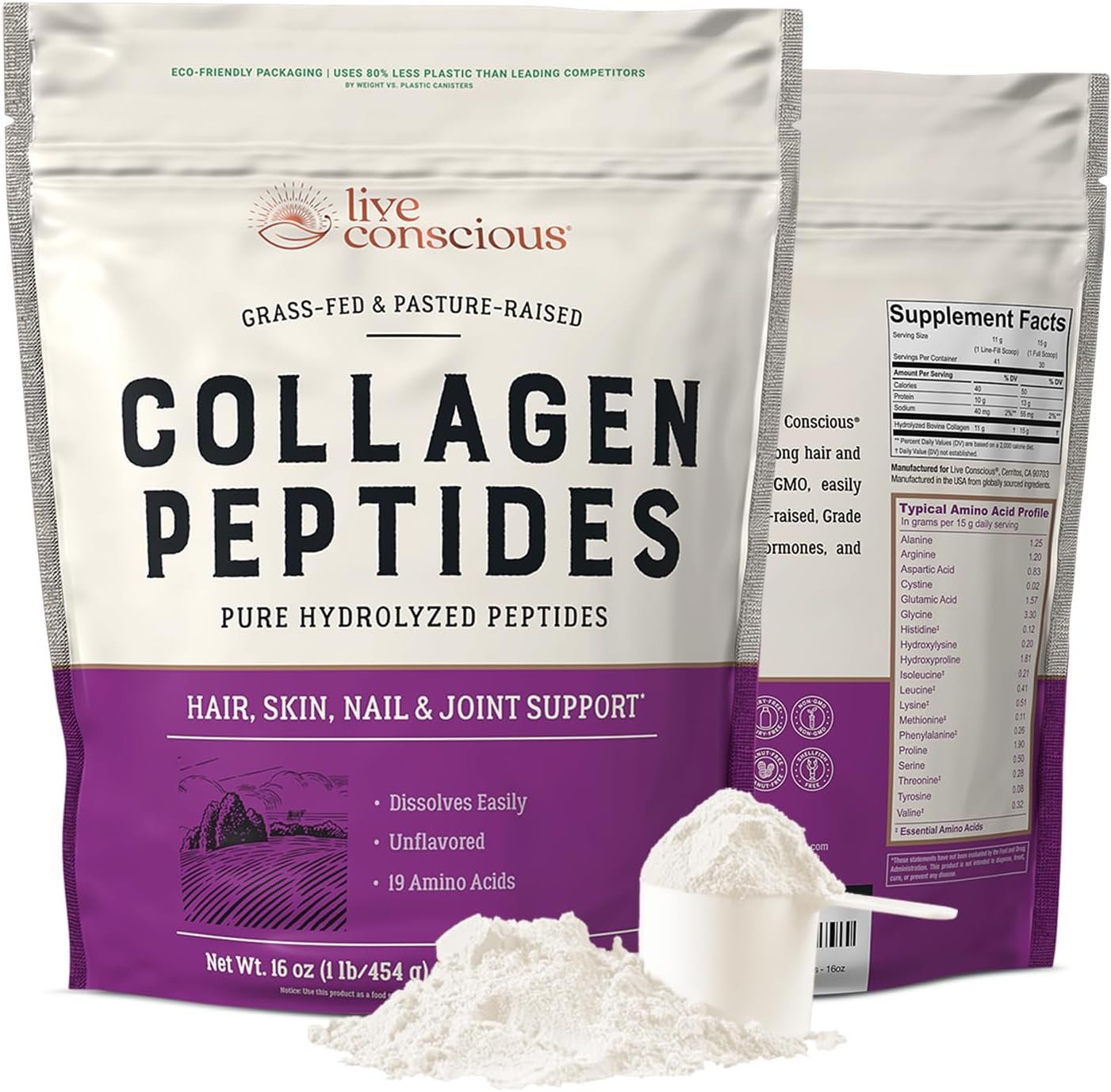 Live Conscious Collagen Peptides Powder – Naturally-Sourced Hydrolyzed Collagen Powder – Hair, Skin, Nail, and Joint Support – Type I & III Grass-Fed Collagen Supplements for Women and Men – 16oz | Naturally-Sourced Hydrolyzed Collagen, Hair, Skin, Nail, and Joint Support, Type I & III Grass-Fed, For Women and Men