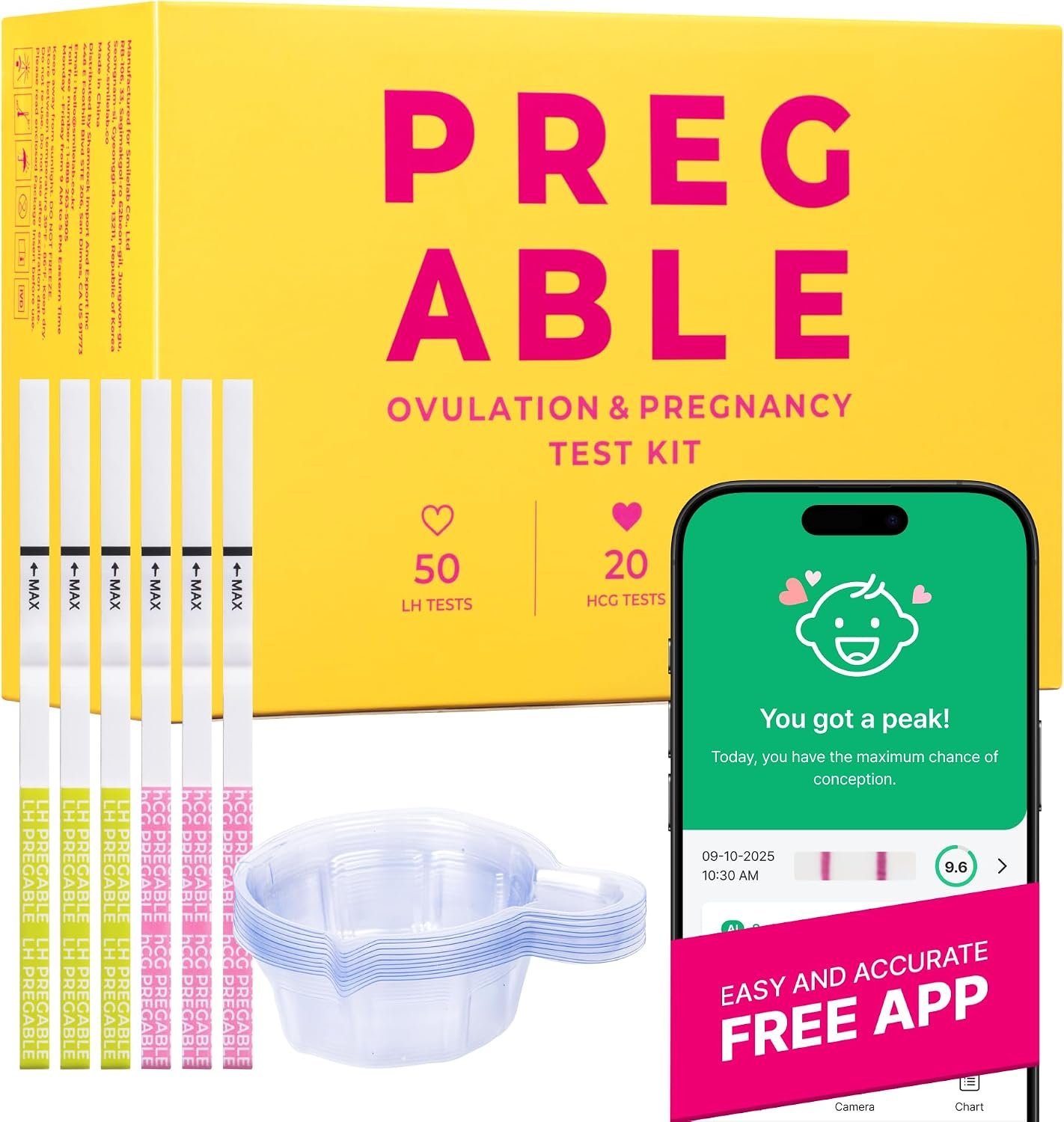 Combo Kit: 50 Ovulation + 20 Pregnancy Tests + 70 Cups | Accurate fertility tracker with free SmileReader app. Clear & reliable OPK and 25mIU/mL HPT home urine test kit with cups.