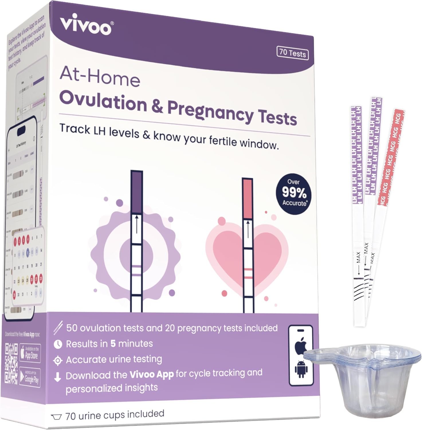 Vivoo Ovulation and Pregnancy Test Strips Kit — 50 LH Ovulation Tests + 20 HCG Pregnancy Tests + 70 Cups | 99.1% Accurate | 5-Min Results | Free App Cycle Tracker