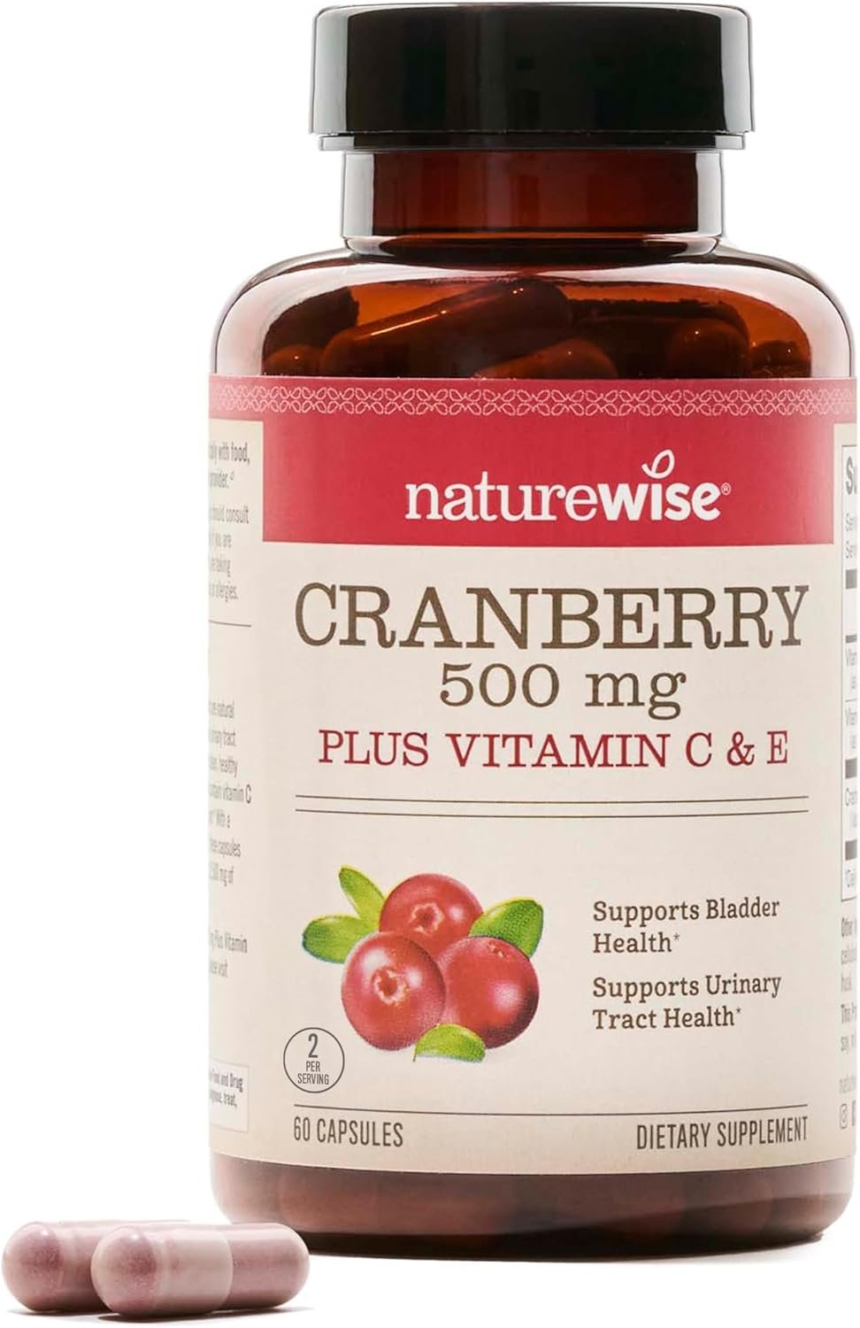 NatureWise Cranberry Pills for Women – 500mg Cranberry Extract (25:1) + Vitamin C & E – Cleansing Urinary Tract & Bladder – Vegan, Non-GMO, Sugar-Free – 60 Capsules[1-Month Supply]