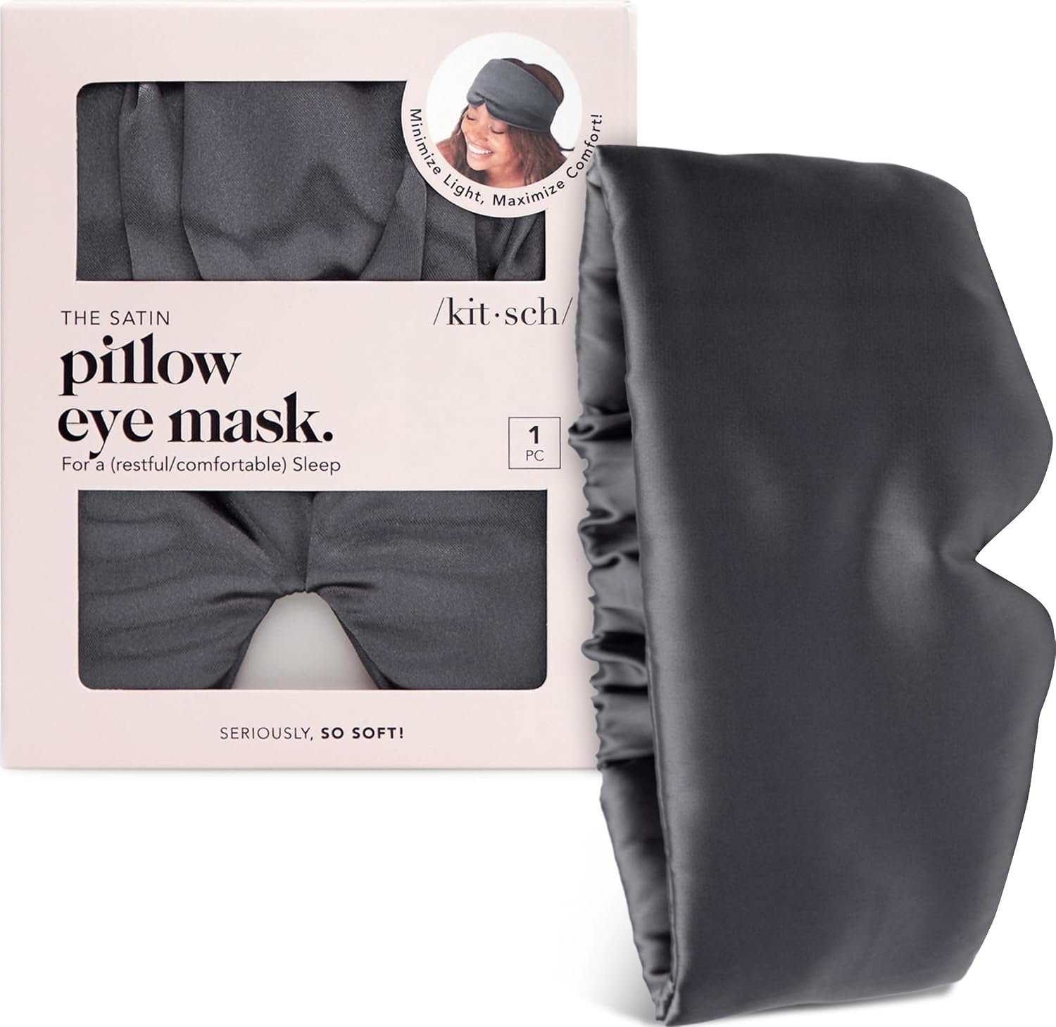 Kitsch Satin Sleep Mask | Eye Masks for Sleep – Charcoal Black | Softer Than Silk Sleep Mask, Blindfold Sleep Masks for Women & Men, No Eye Pressure, Lightweight Eye Mask, Travel Essentials