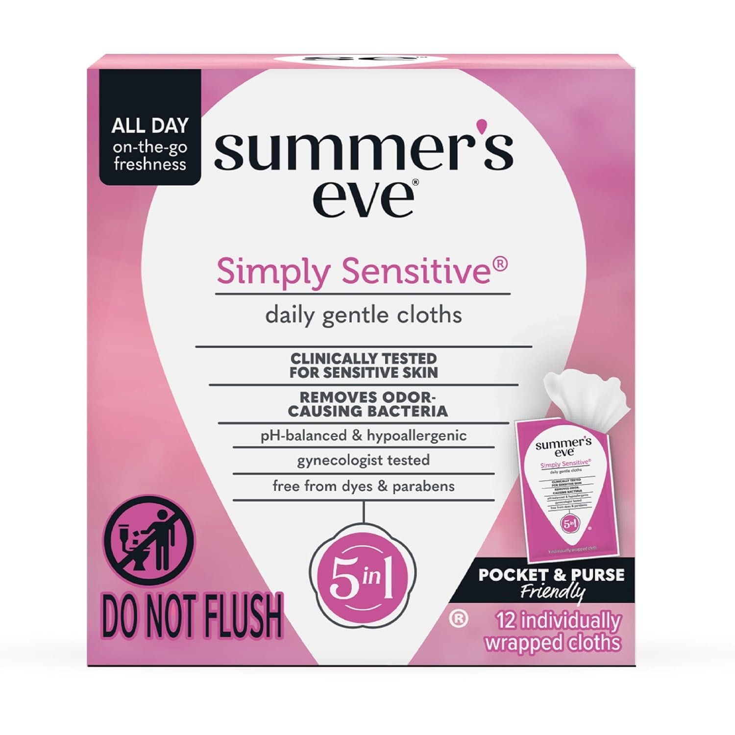 Summer’s Eve Gentle Feminine Wipes, Simply Sensitive, 12 Count | Individually Wrapped Vaginal Wipes, Gentle pH-Balanced Micellar Water Formula, Feminine Care, Help Remove Vaginal Odor
