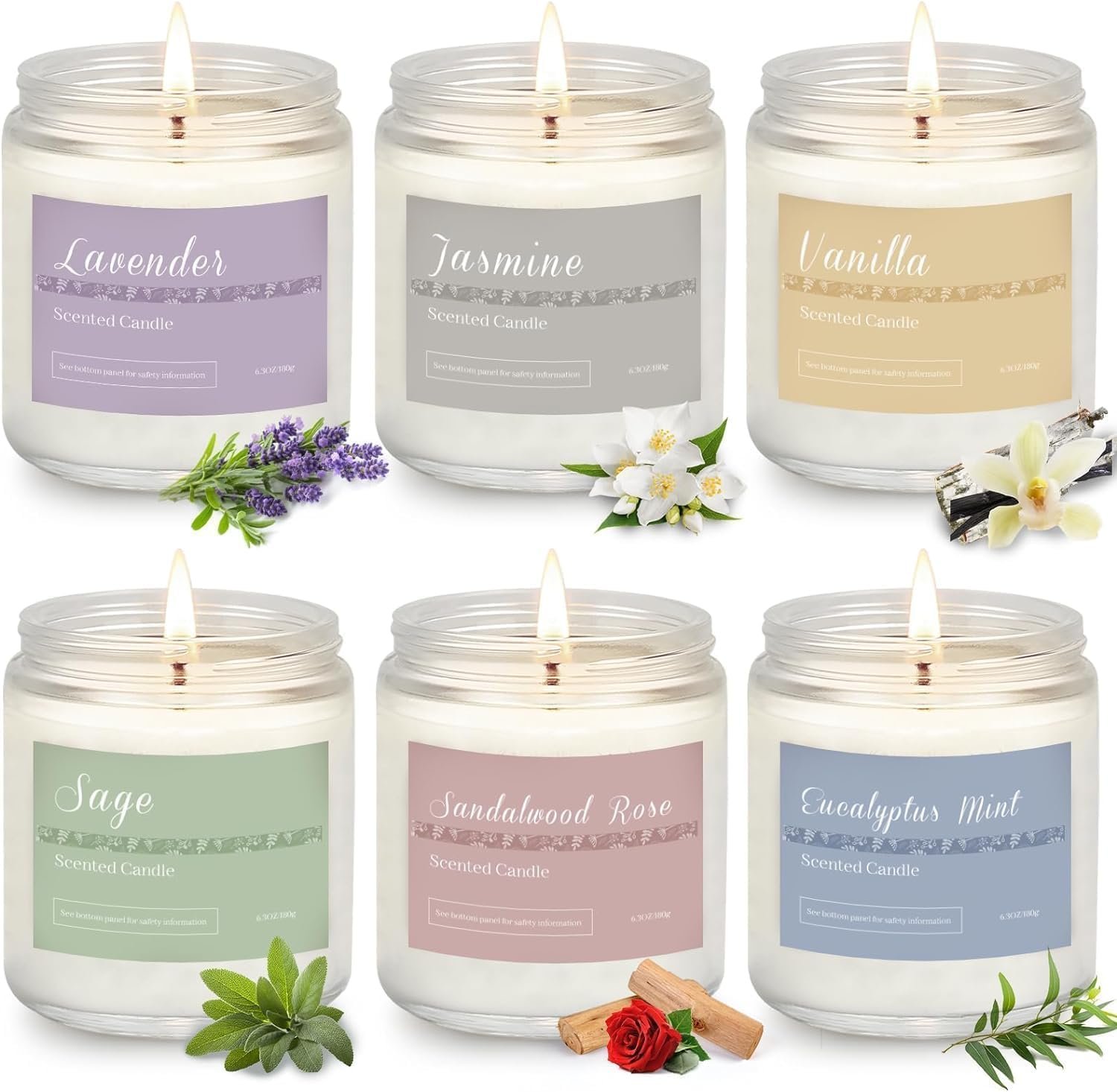 Scented Candles Gift Set for Women, 6-Pack Aromatherapy Candles for Home | Lavender, Jasmine, Vanilla, Sage, Sandalwood Rose & Eucalyptus Mint. 42 oz 300 Hour Burn for Home, Baths, Yoga & Self-Care