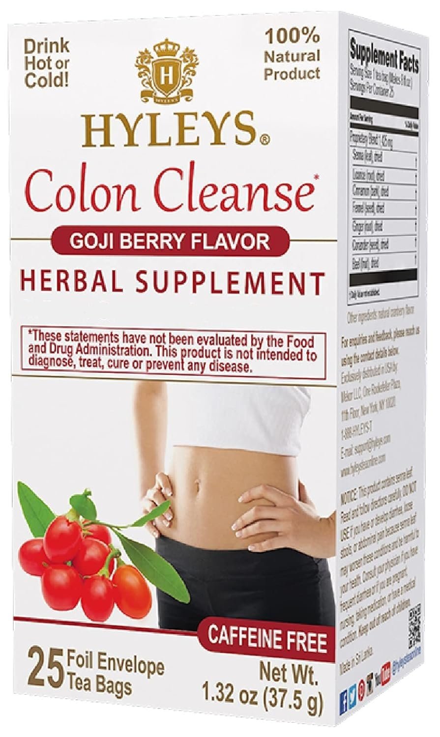 Hyleys Colon Cleanse Tea, Goji Berry Flavor, 100% Natural, 25 Tea Bags | Senna Leaf, Fennel, Ginger & Natural Goji Berry, No Added Sugar, Gluten Free & Vegan, Naturally Caffeine Free