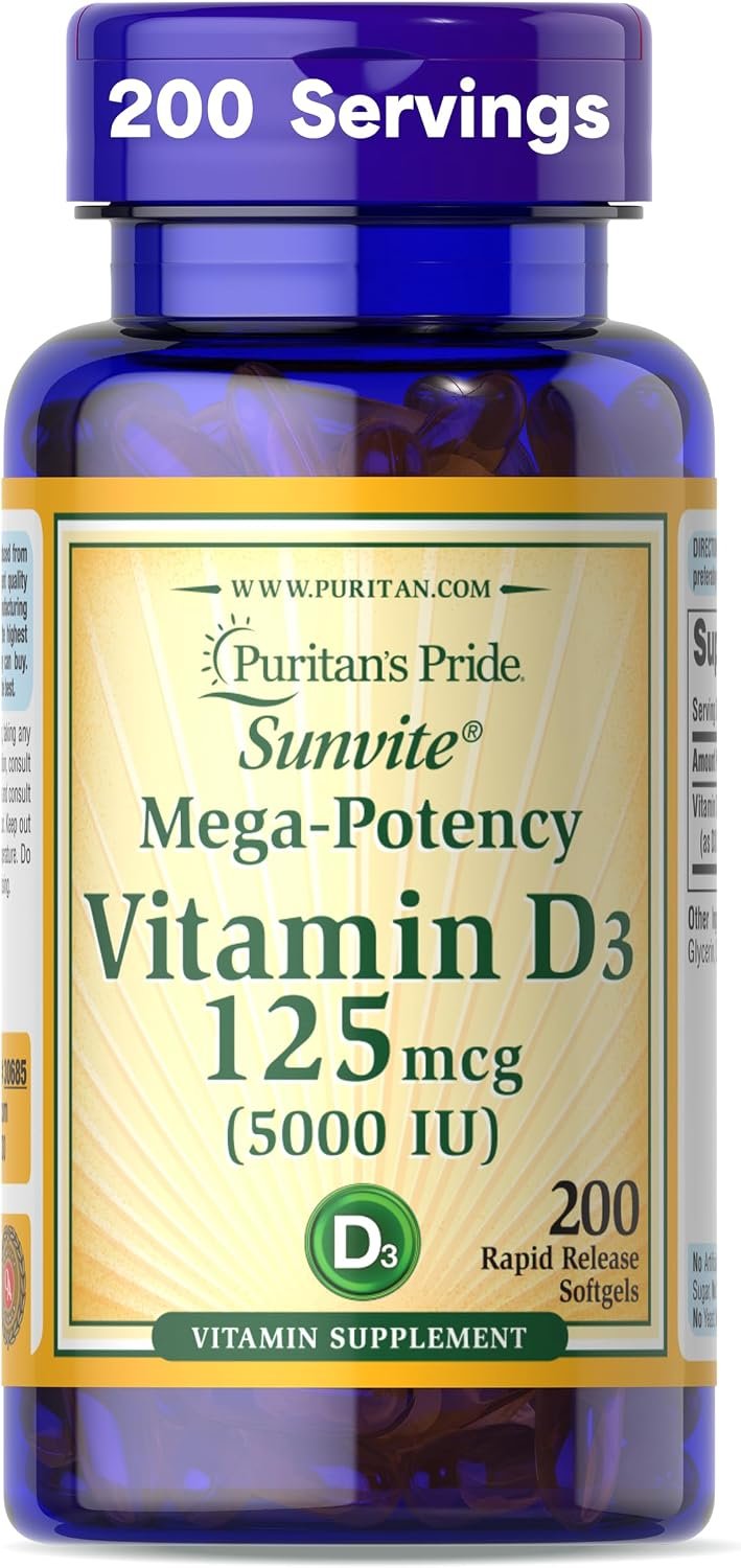 Puritan’s Pride Premium Sunvite™ Mega-Potency Vitamin D3 5,000 IU | Dietary Supplement for Healthy Bones, Teeth, and Immune System Support, 200 Rapid Release Softgels (Packaging May Vary)