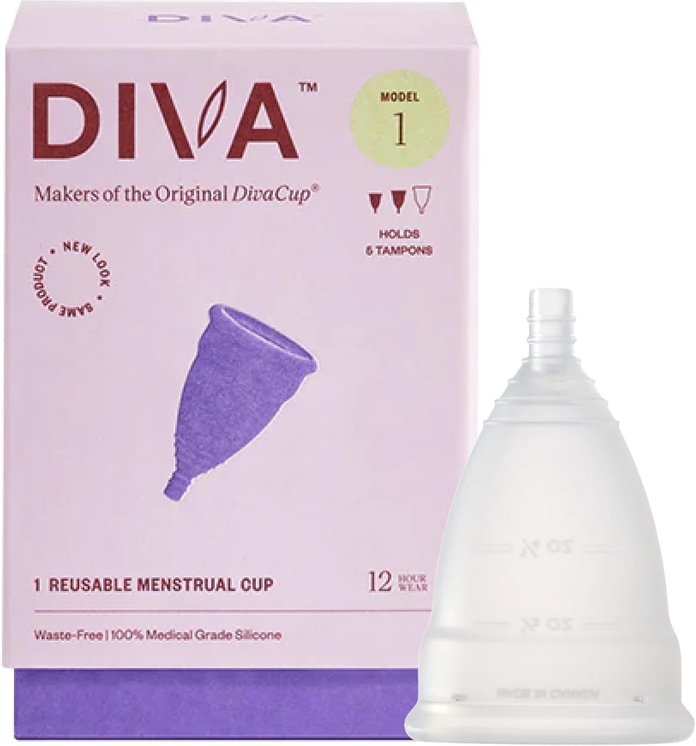 DIVA Cup Model 1, (for Medium to Heavy Flow) | 100% Medical Grade Silicone Reusable Menstrual Cup for Up to 12 Hours of Leak-Resistant, Plastic-Free Wear
