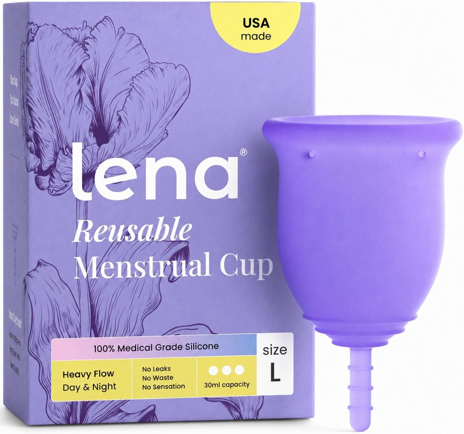 Lena Menstrual Cup – Soft Reusable Period Cups for Women – Large, Purple | Medical-Grade Silicone, Heavy Flow, 12-Hour Comfort, Leak-Free Protection, Beginner-Friendly Feminine Care, Original