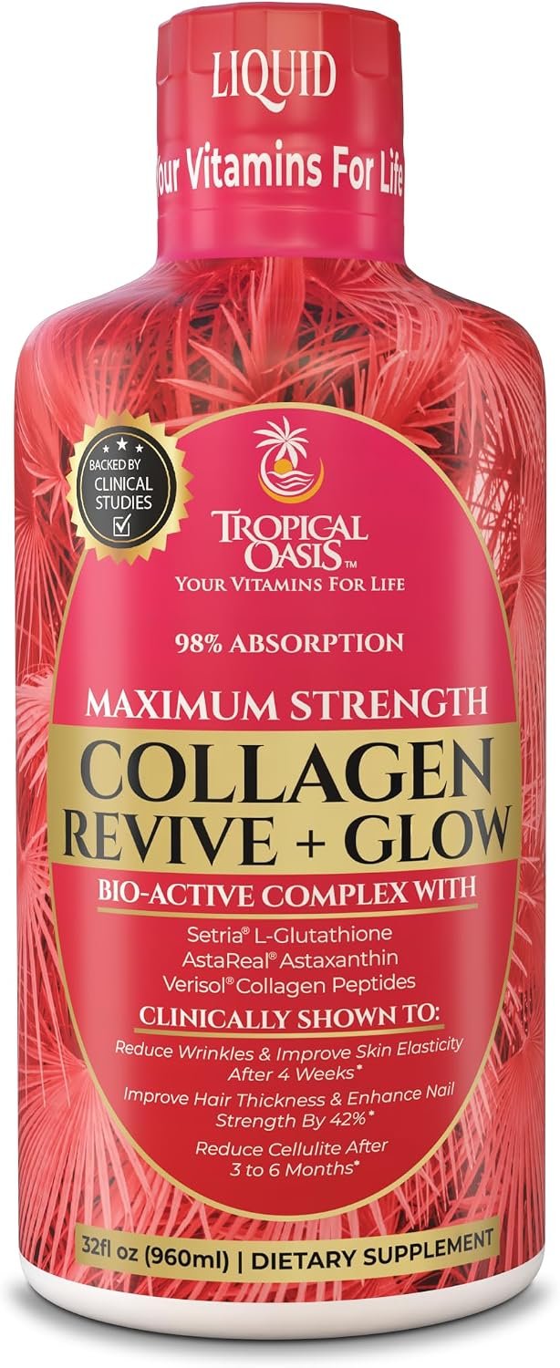 Tropical Oasis Liquid Collagen Glow for Women & Men | 5000mg VERISOL Collagen Peptides + 12500mcg Biotin | Clinically Tested for Thicker Hair, Brighter Skin, Wrinkles & Stronger Nails | 32 Serv