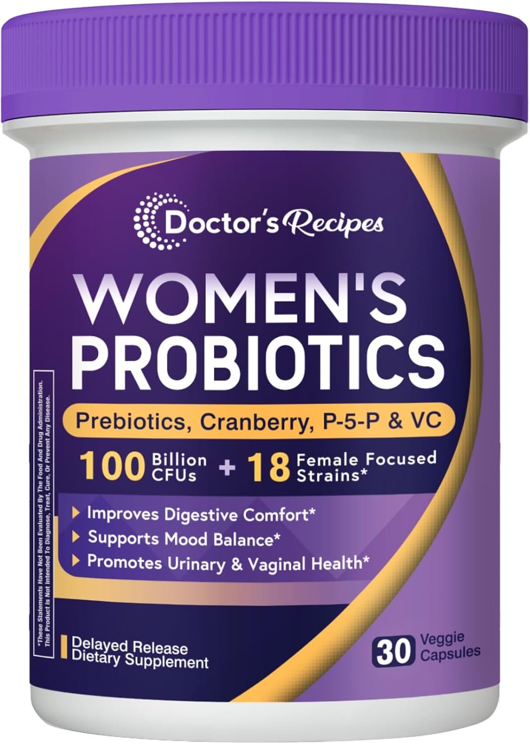 Doctor’s Recipes Probiotics for Women, 100 Billion CFU, 18 Probiotic Strains, Prebiotics, Cranberry, P-5-P & VC, Vaginal, Digestive & Immune Support, Shelf-Stable, 30 Vegan Caps