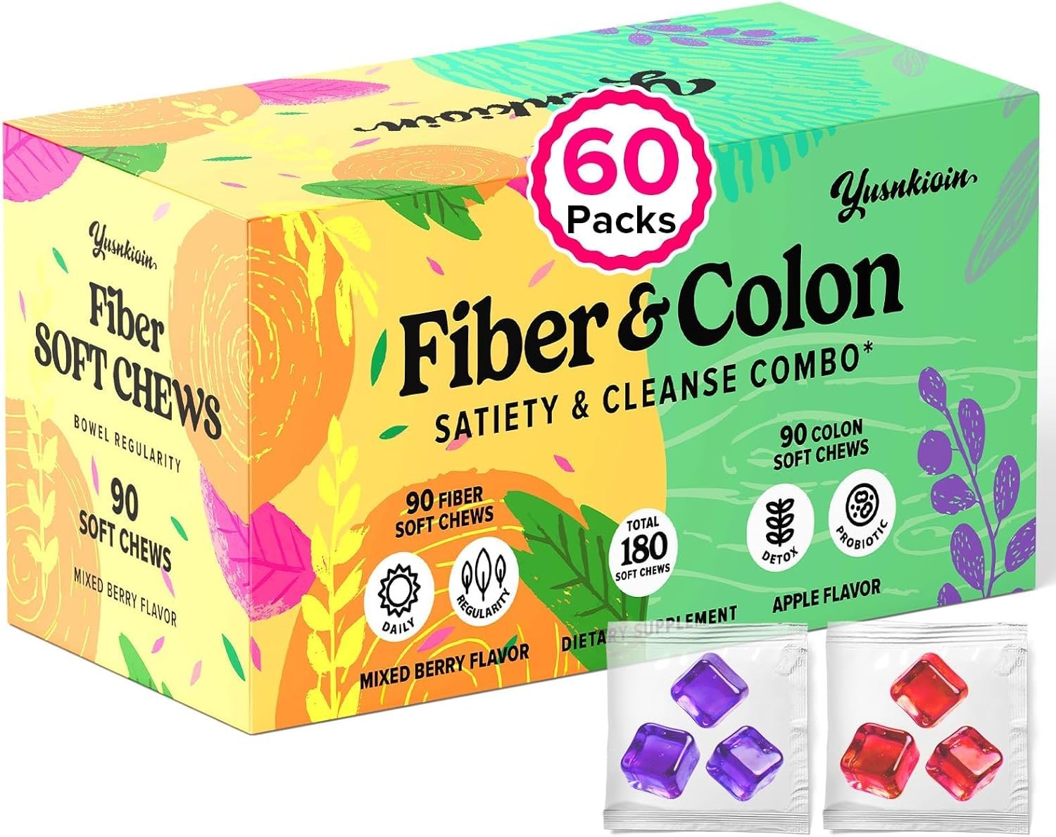 Fiber Gummies & Colon Gentle Cleanse – 180 Count, Gut Health, Regularity | Fiber Gummy with 50 B Probiotics, Psyllium Husk, Senna, Colon Detox Cleanse for Digestive Health & Regularity for Women & Men