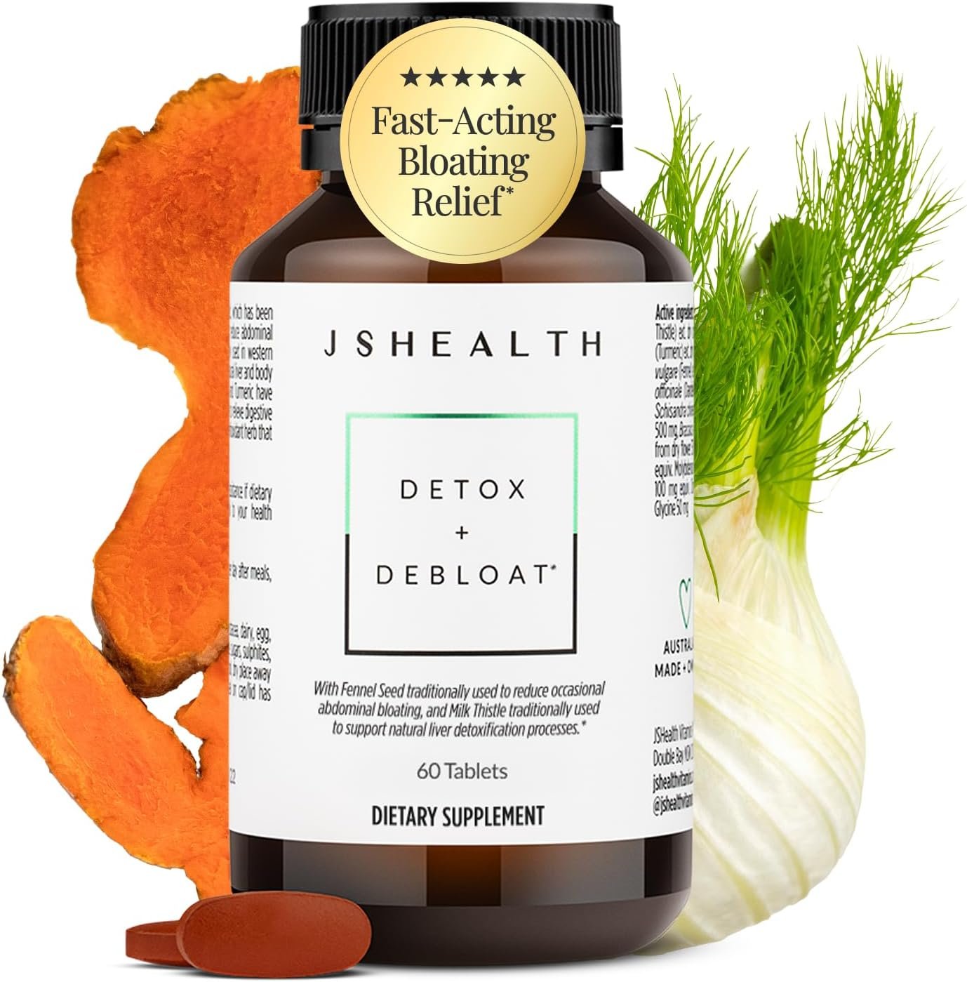 JSHealth Detox + Debloat. Bloating Relief for Women, 60 Tablets | Nutrionist-Formulated, Made with Milk Thistle, Turmeric, and Fennel. Liver Health and Gut Support.