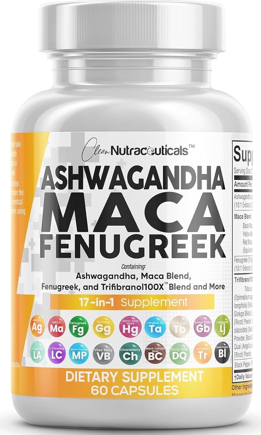 Clean Nutraceuticals Ashwagandha Maca Root Fenugreek Supplement with Tongkat Ali Ginseng – Assists with Stress, Mood & Thyroid – Ashwagandha Capsules Fenugreek Caps