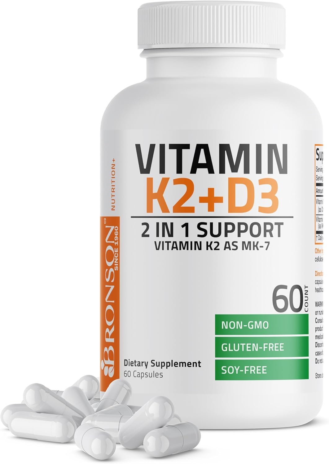 Bronson Vitamin K2 D3 (MK7) Supplement 2-in1 D3 & K2 Complex, 60 Capsules | Bone, Immune & Heart Health Support, Gluten Free, Soy Free, Non-GMO, Vitamin D3 5000IU (125 mcg) & 90 mcg K2 MK-7