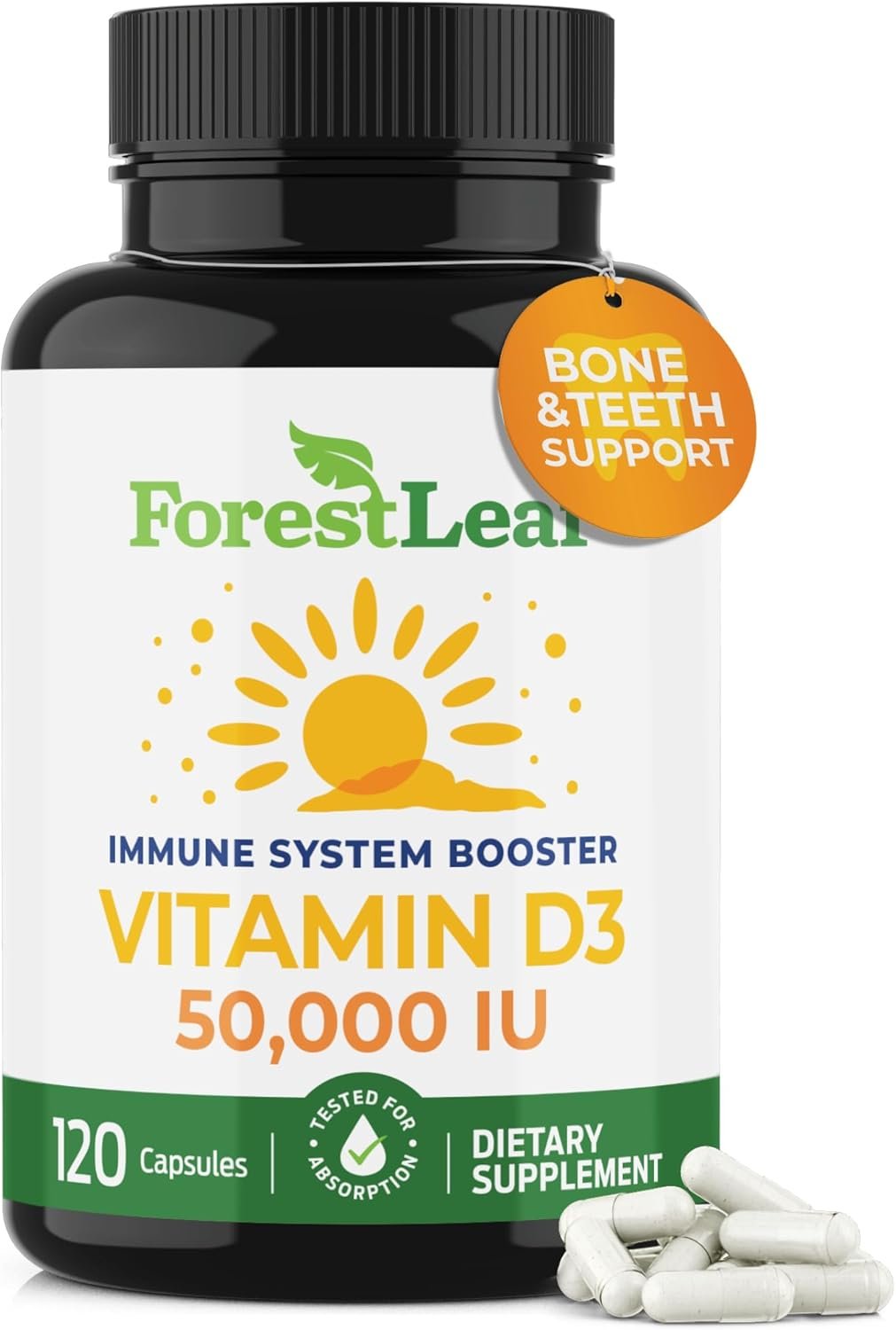ForestLeaf Vitamin D3 50,000 IU High Potency Weekly Supplement, 120 Ct | Bone, Teeth and Immune Support, Extra Strength Cholecalciferol Capsules for Men and Women, Non-GMO, 2 Year Supply – USA Made