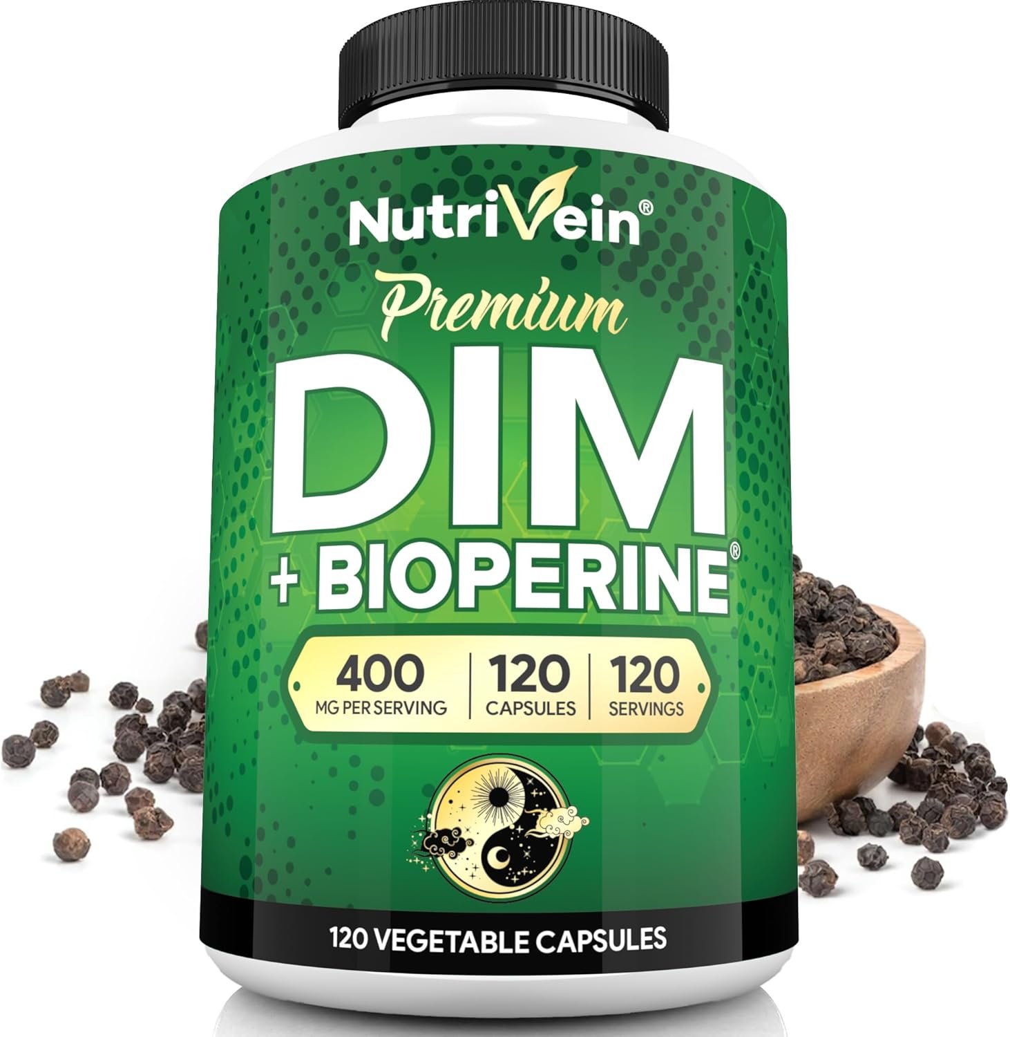 Nutrivein DIM Diindolylmethane Supplement 400 mg – 120 Capsules, Bioperine | Diindolylmethane with Bioperine for better absorption. Supports healthy hormone balance in women and men. Non-GMO.