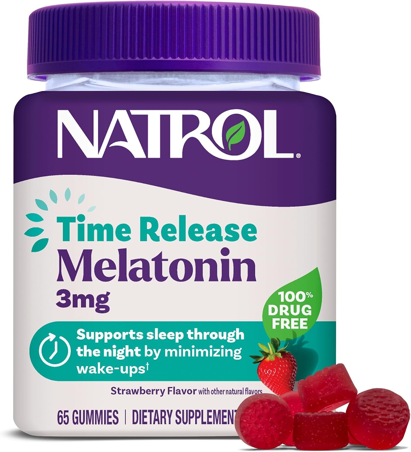 Natrol Time Release 3 mg Melatonin Gummies, Sleep Aid, Strawberry, 65 Count | Dietary Supplement to Minimize Wake Ups, 100% Drug-Free, Non-Habit Forming, For Occasional Sleeplessness, 65 Day Supply